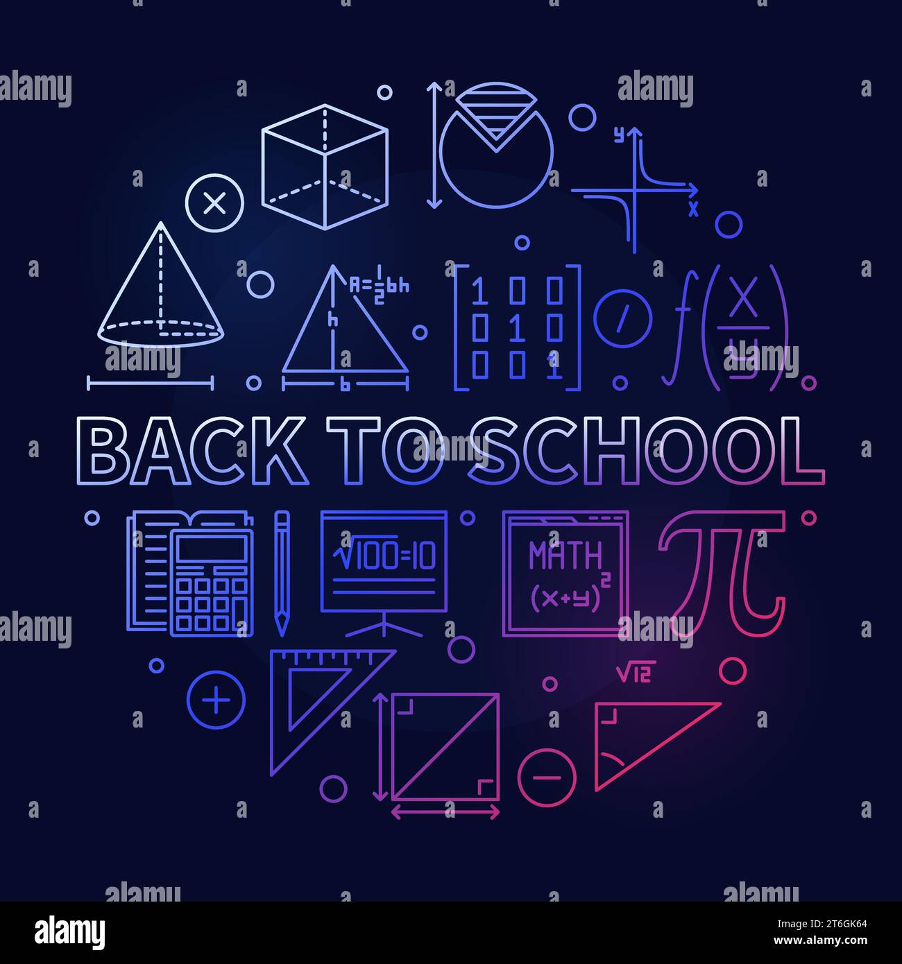 Back to School concept vector thin line round colored banner. Math illustration with dark background Stock Vector