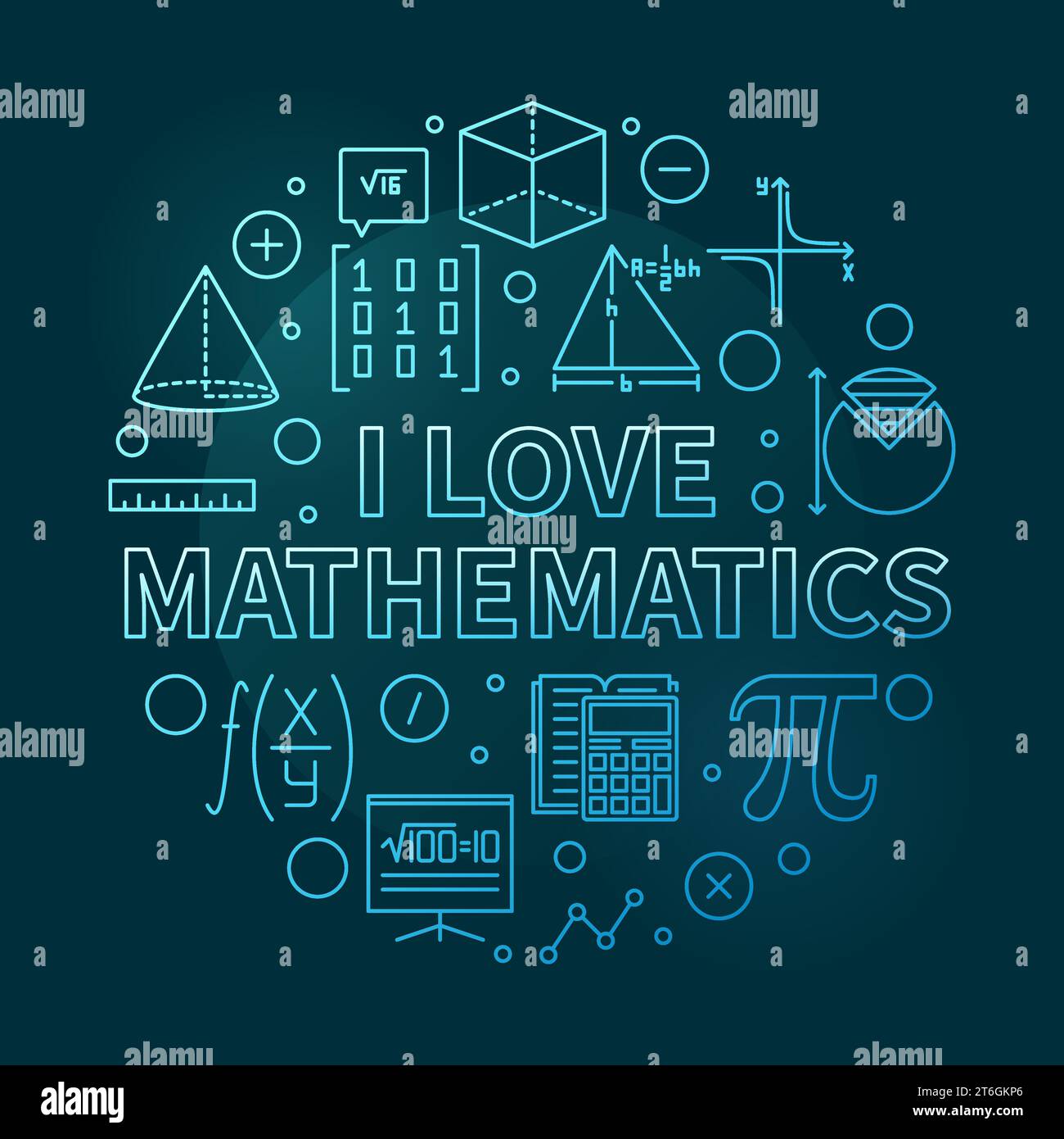 I Love Mathematics concept vector thin line round colored banner - School Math illustration with dark background Stock Vector