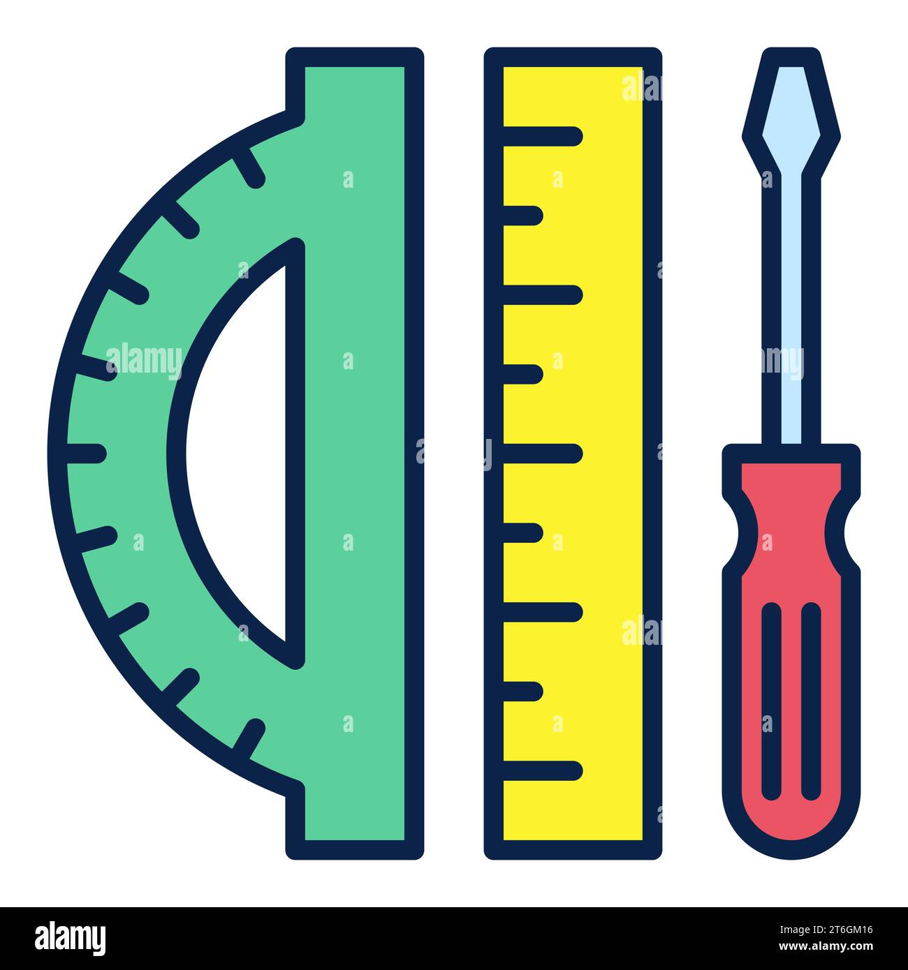 Screwdriver and Protractor with yellow Ruler vector STEM concept colored icon or logo element Stock Vector