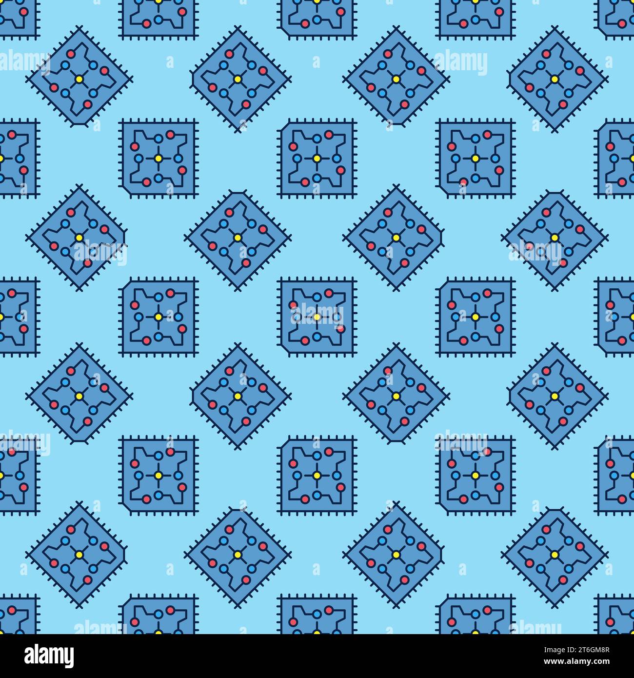 Processor Circuit Board vector concept colored blue seamless pattern Stock Vector