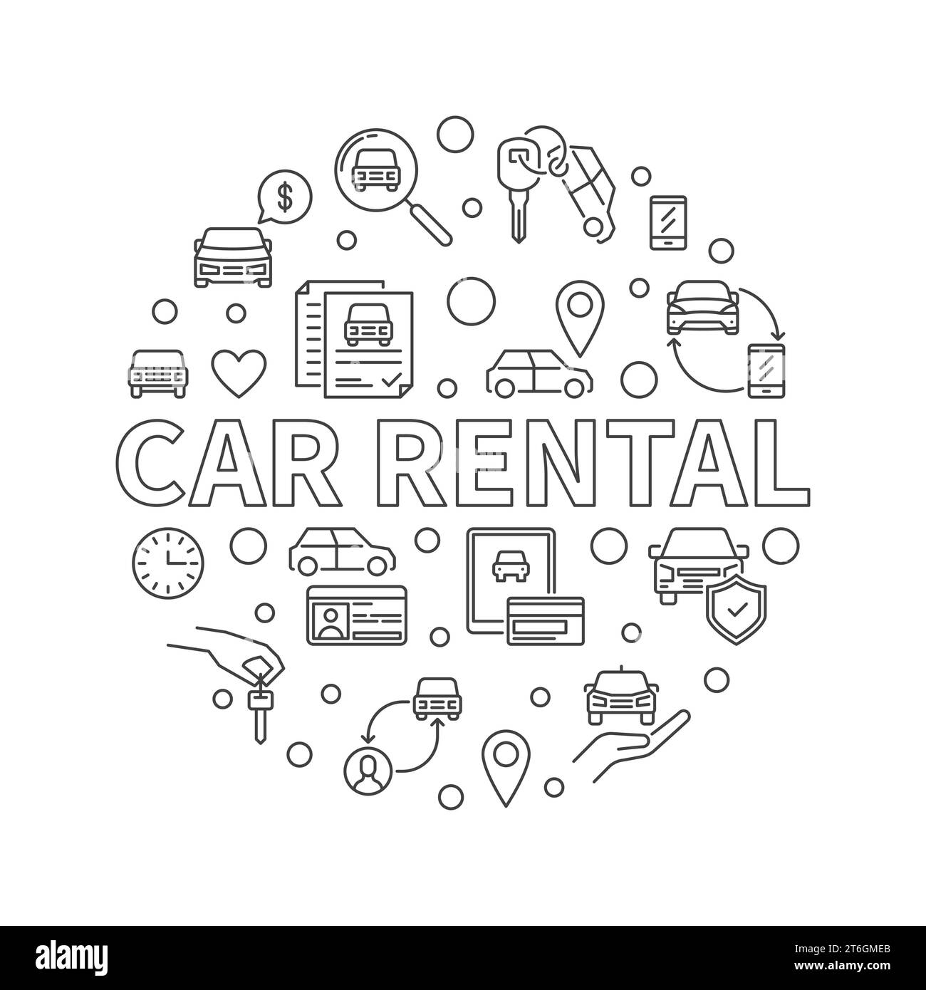 Car Rental outline round minimal banner - Rent a Vehicle concept vector circular illustration Stock Vector