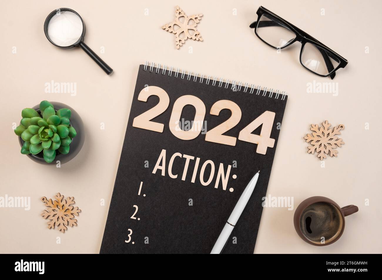 New Year Aims 2024. To Do List. Empty Notebook at the Desk with Holiday