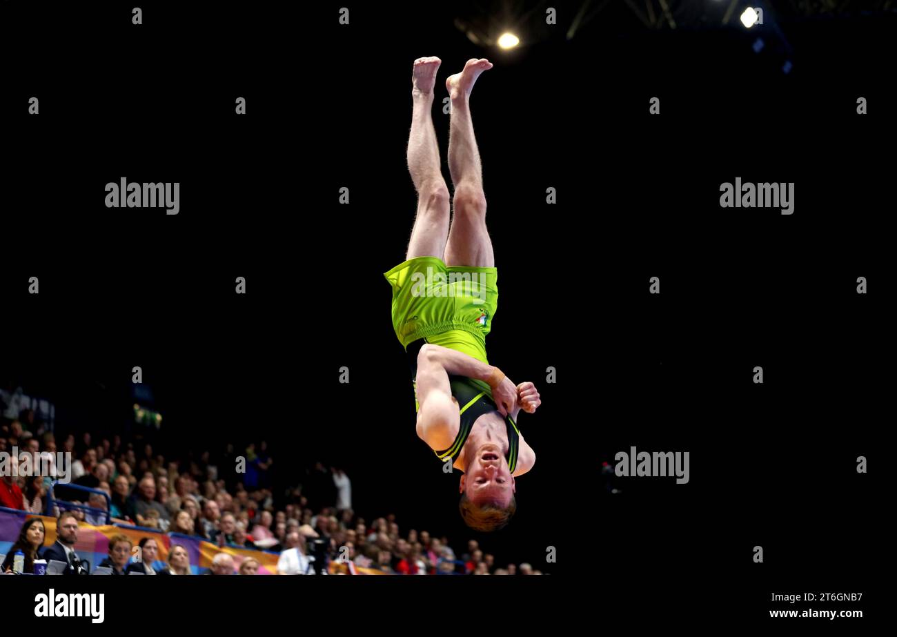 Ireland's Cian Hayes competes in the Men's Tumbling Qualifications during day two of the 2023 FIG Trampoline Gymnastics World Championships at the Utilita Arena, Birmingham. Picture date: Friday November 10, 2023. Stock Photo