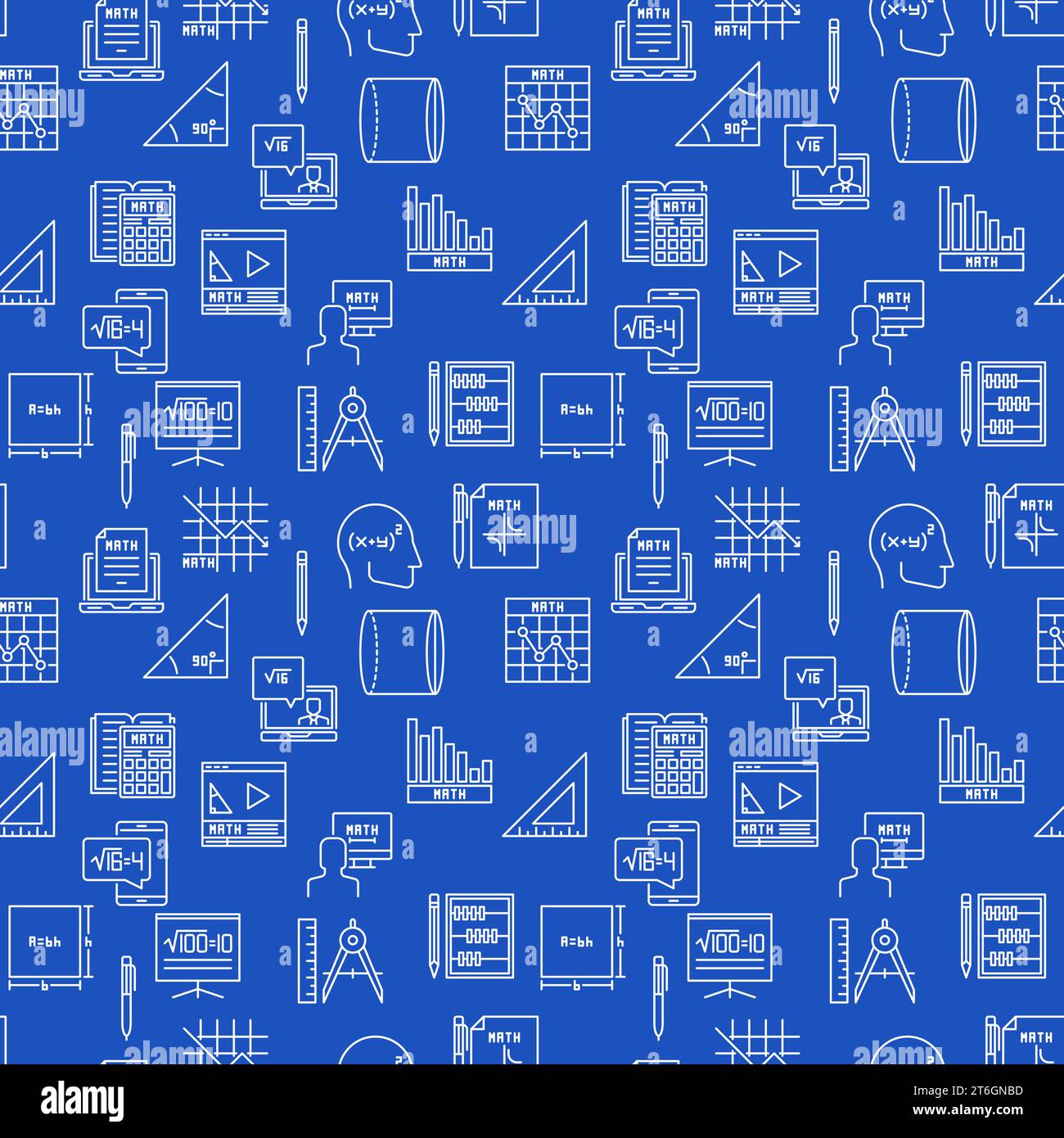 Maths thin line blue seamless background - Mathematics and Science concept vector outline pattern Stock Vector