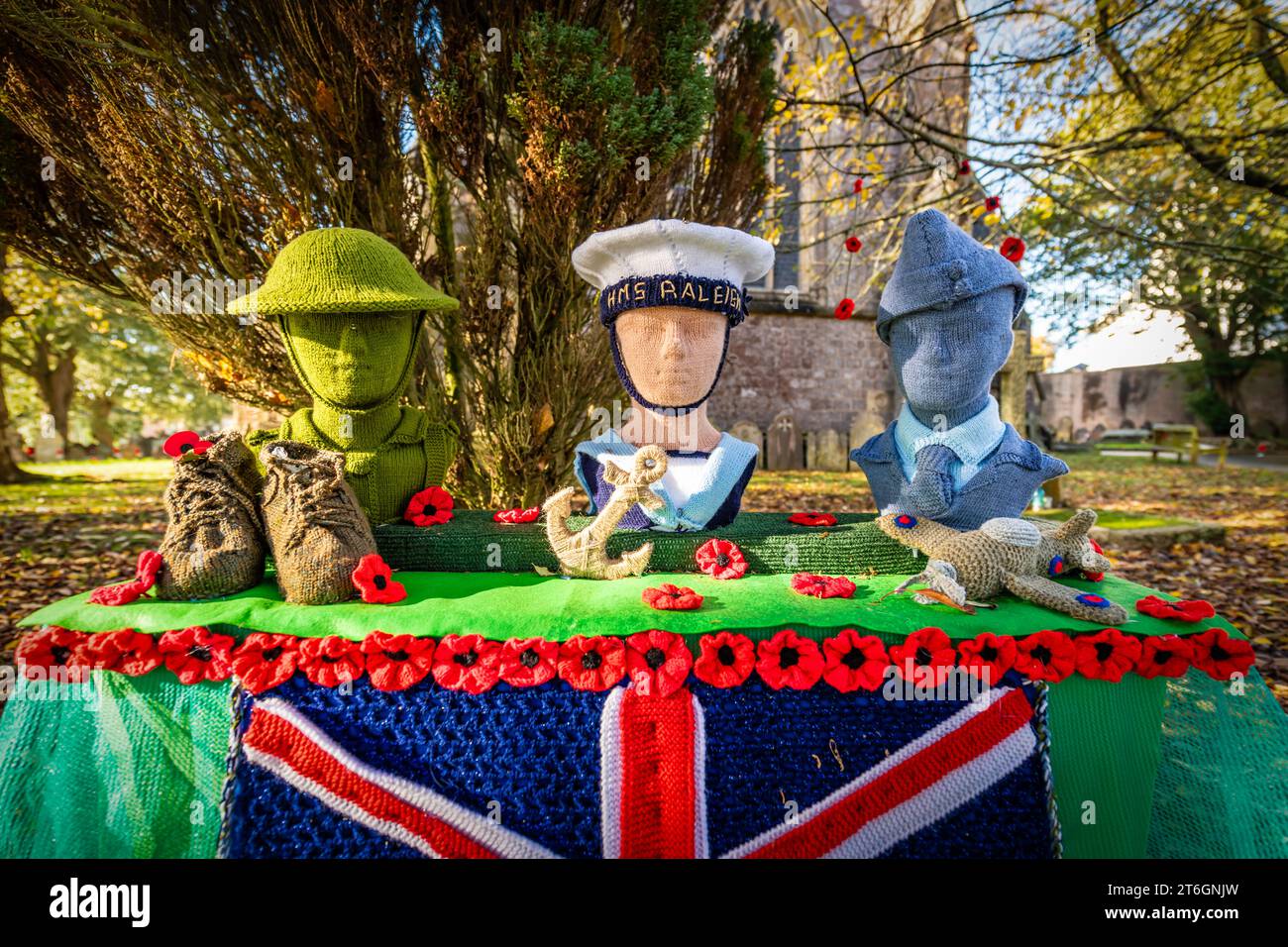 St Marychurch, Devon UK. Friday 10 November 2023. The St Marychurch Yarn Fairies decorate St Mary the Virgin Church in Torquay, with knitted displays to mark Remembrance Day. Credit: Thomas Faull/Alamy Live News Stock Photo