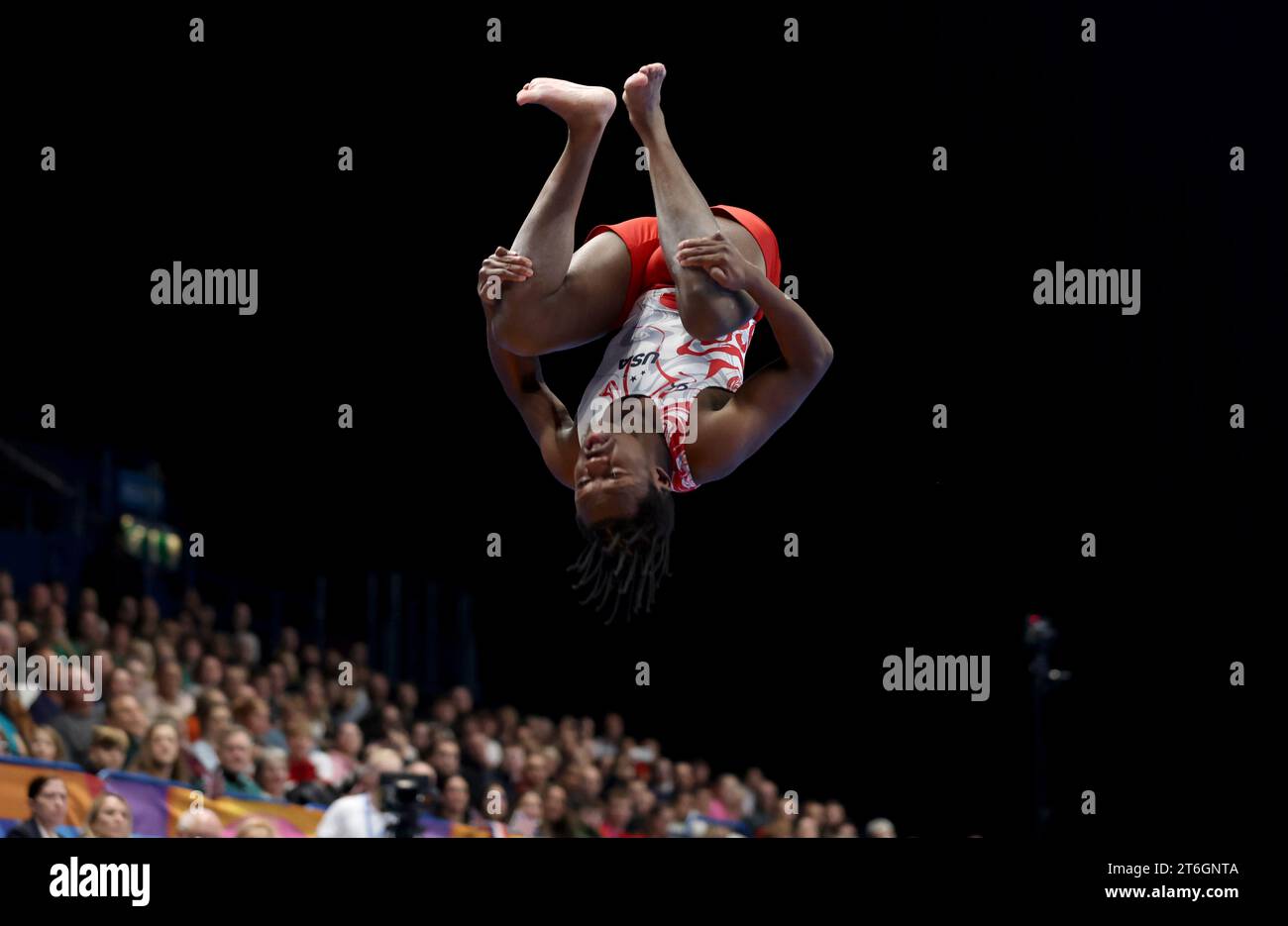 USA's Kaleb Cave competes in the Men's Tumbling Qualifications during day two of the 2023 FIG Trampoline Gymnastics World Championships at the Utilita Arena, Birmingham. Picture date: Friday November 10, 2023. Stock Photo