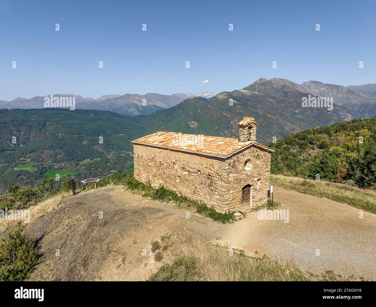 Hermitage and viewpoint San Salvador de Irgo de Tor, a town sanctuary belonging to the municipality of Pont de Suert Alta Ribagorza, Lleida province, Stock Photo
