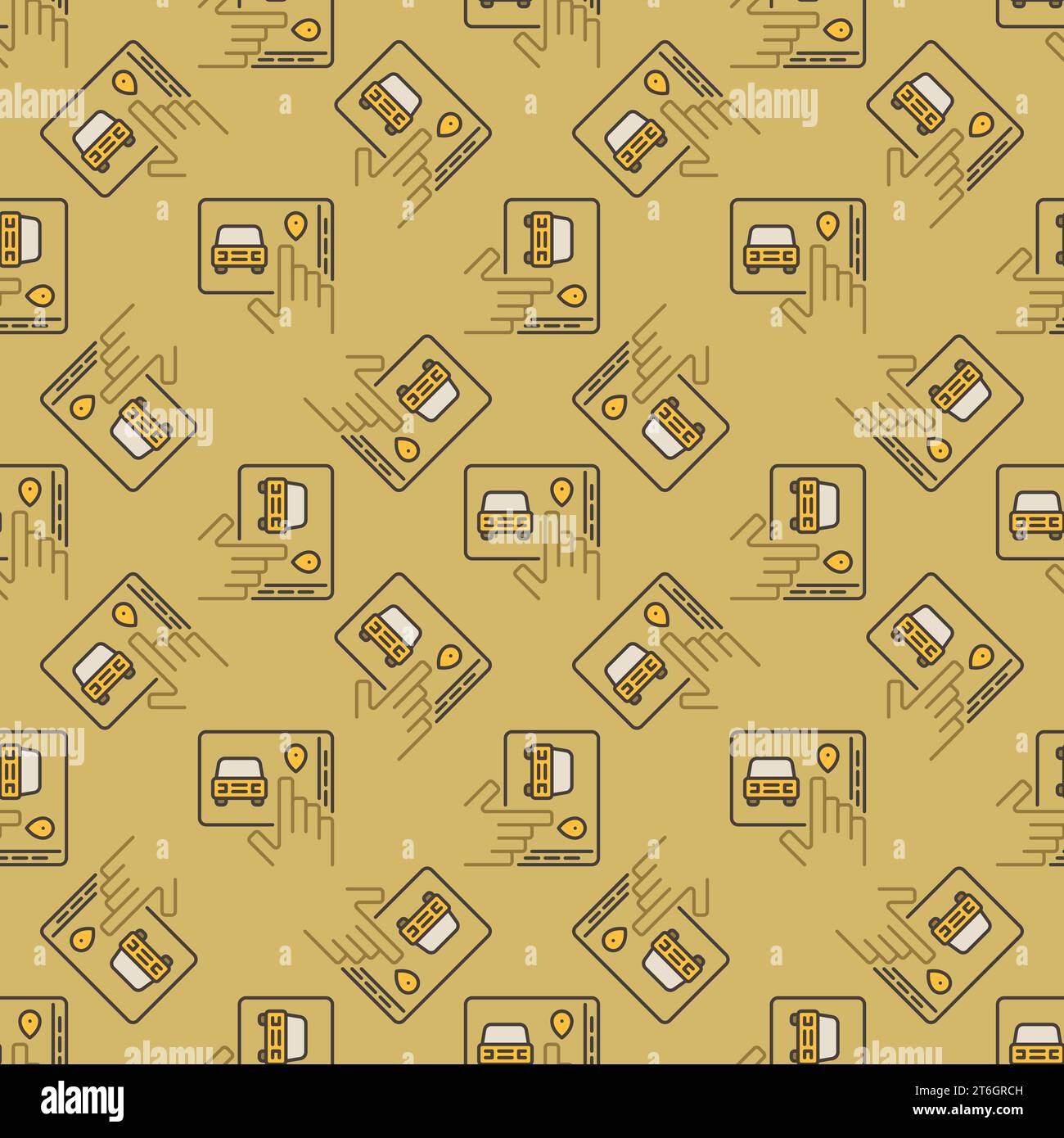 Car sharing App on Tablet Screen with Hand vector concept yellow seamless pattern Stock Vector