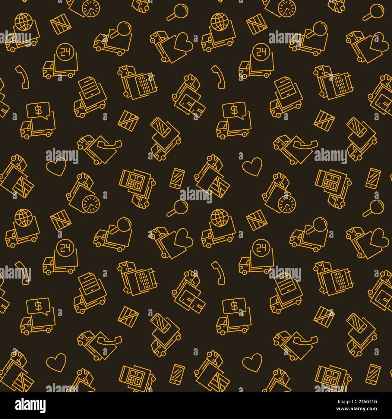 Delivery Truck simple vector thin line seamless pattern with brown background Stock Vector