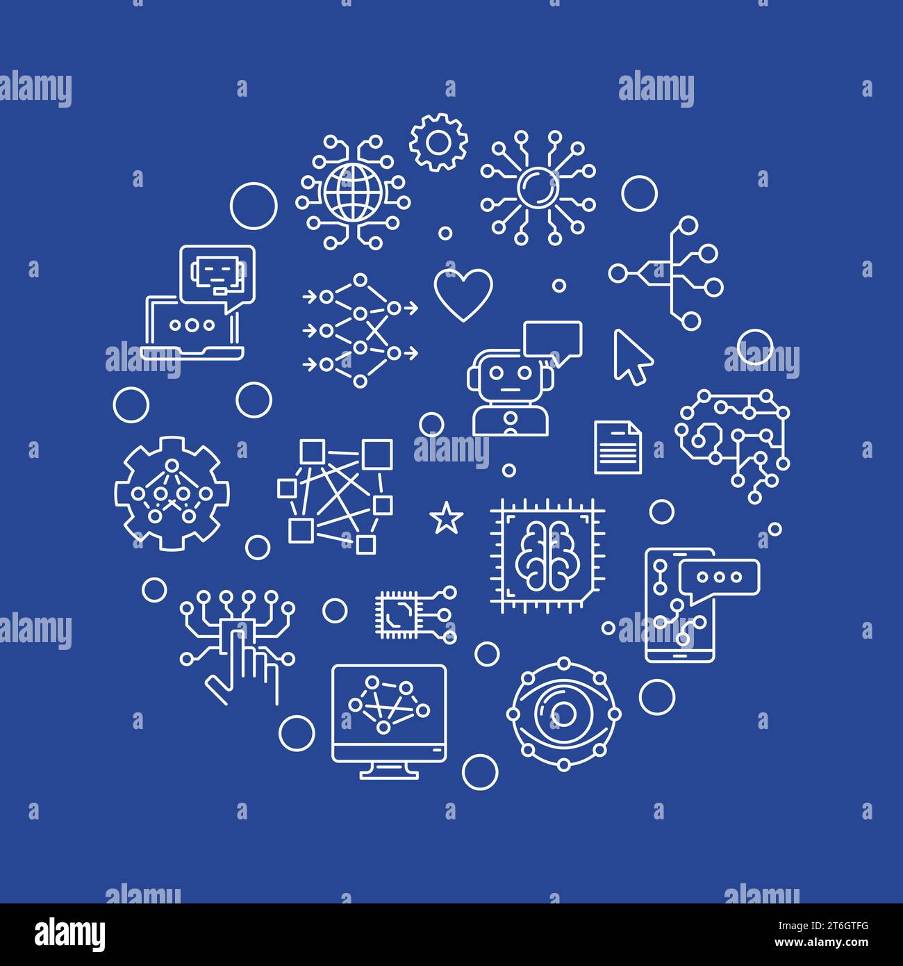 Solution concept round banner in thin line style. Vector Artificial intelligence and Neural Network illustration Stock Vector