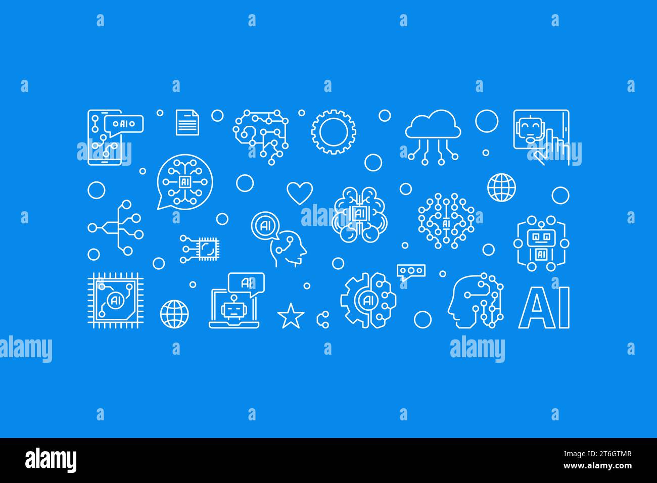 AI concept outline horizontal blue banner. Artificial Intelligence vector minimal illustration Stock Vector