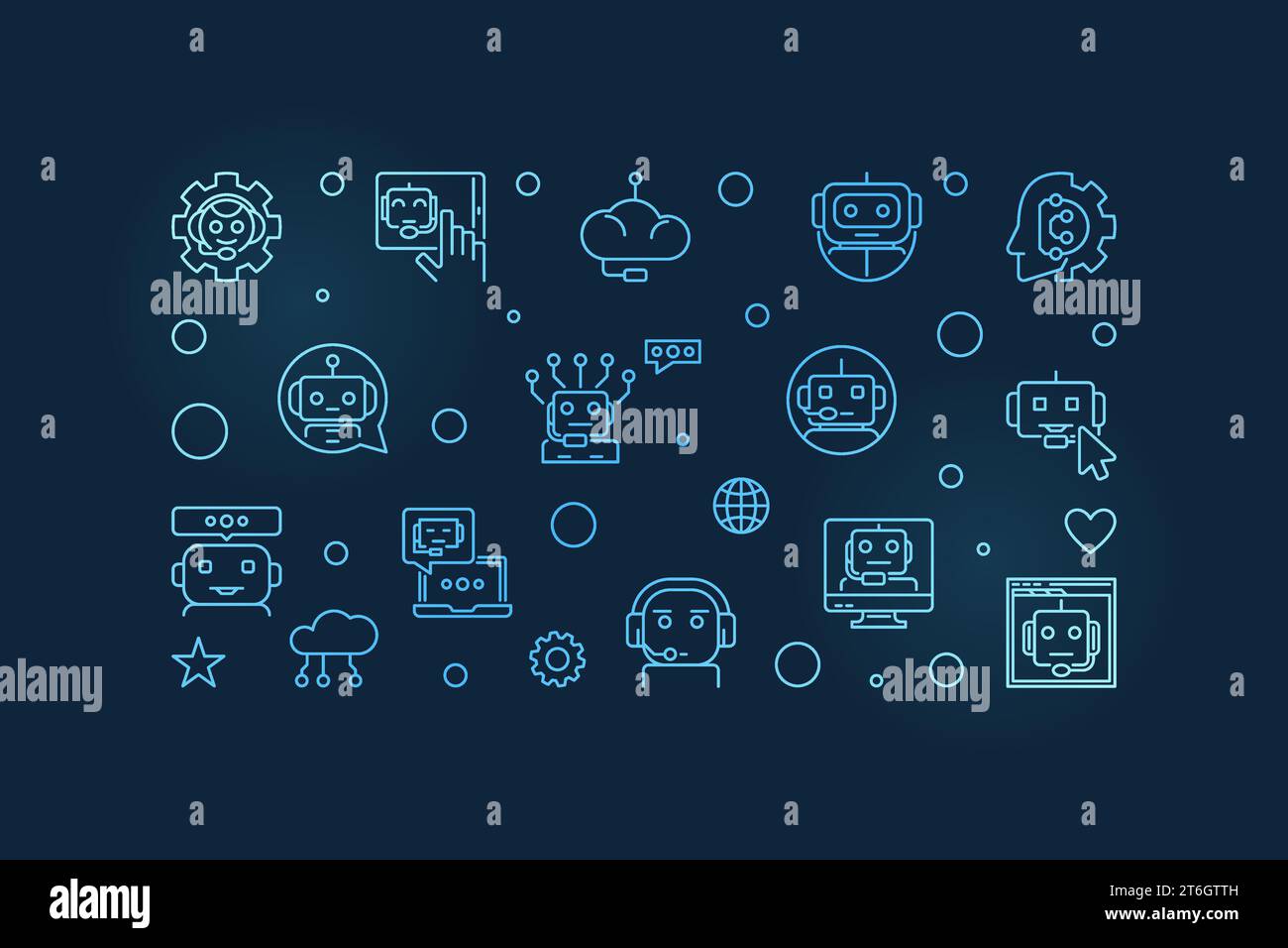 Virtual Assistant or Chat-Bot Technology concept blue outline horizontal banner. Chatbot vector illustration on dark background Stock Vector
