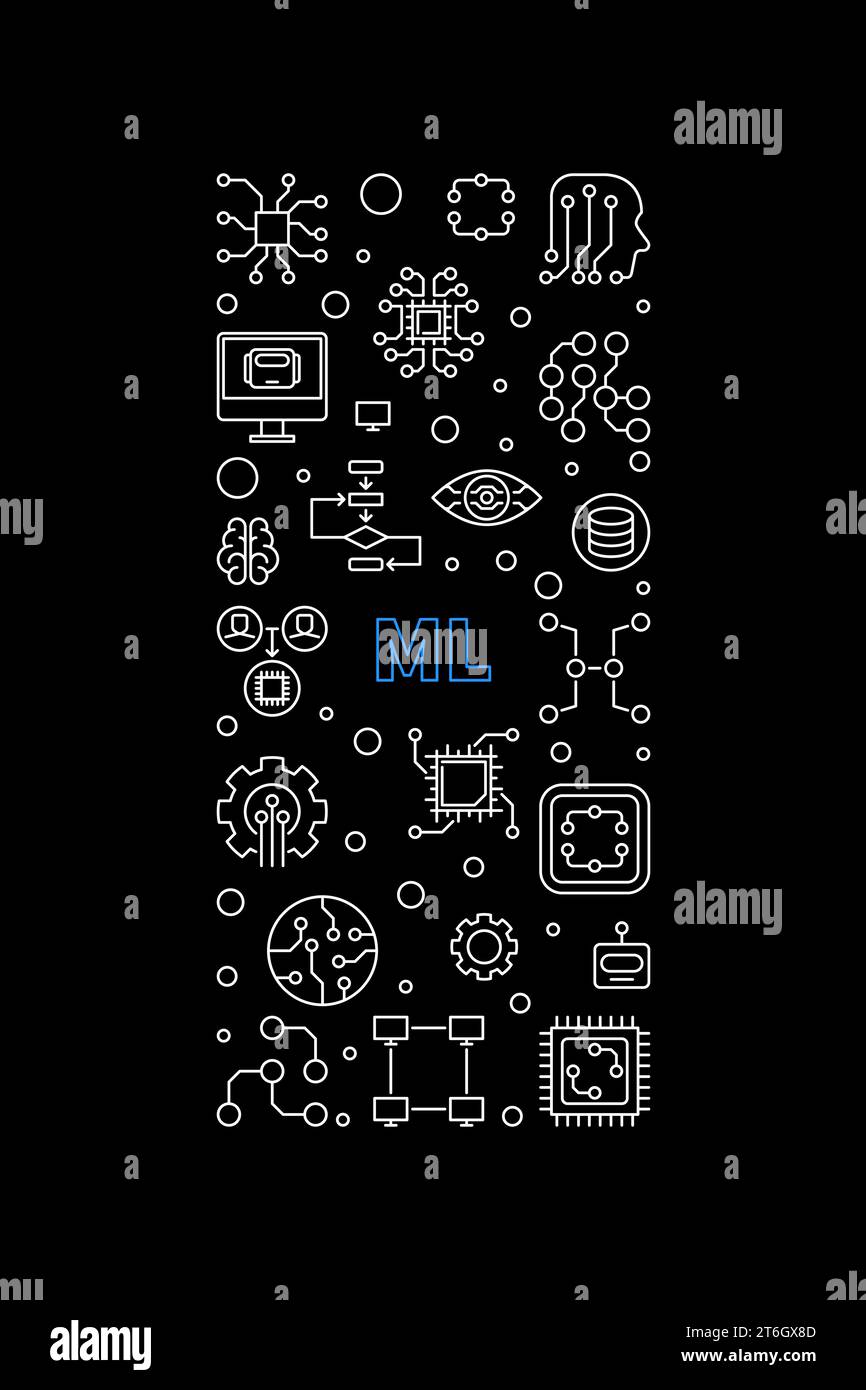 ML - Machine Learning Technology concept vector thin line vertical banner or illustration on dark background Stock Vector