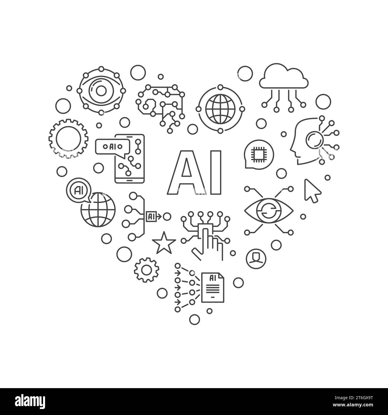 AI Heart thin line minimal banner. Vector heart-shaped modern I Love Artificial intelligence Technology concept illustration Stock Vector