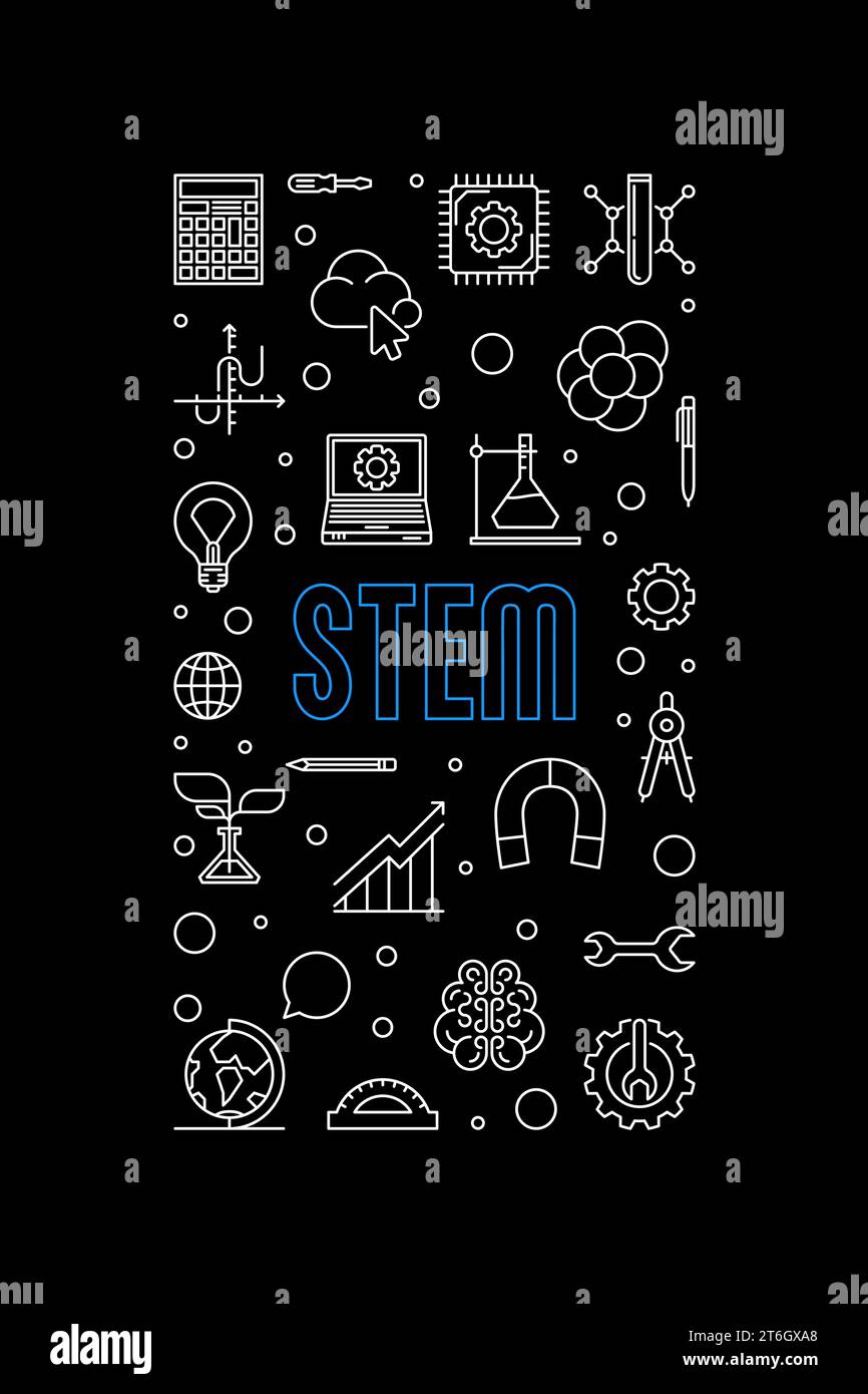 Science, Technology, Engineering and Mathematics - STEM vector outline vertical dark banner Stock Vector