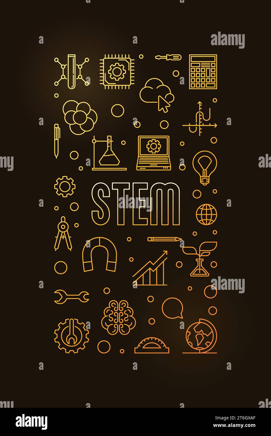Science, Technology, Engineering and Math colored illustration. STEM vector thin line vertical banner with dark background Stock Vector