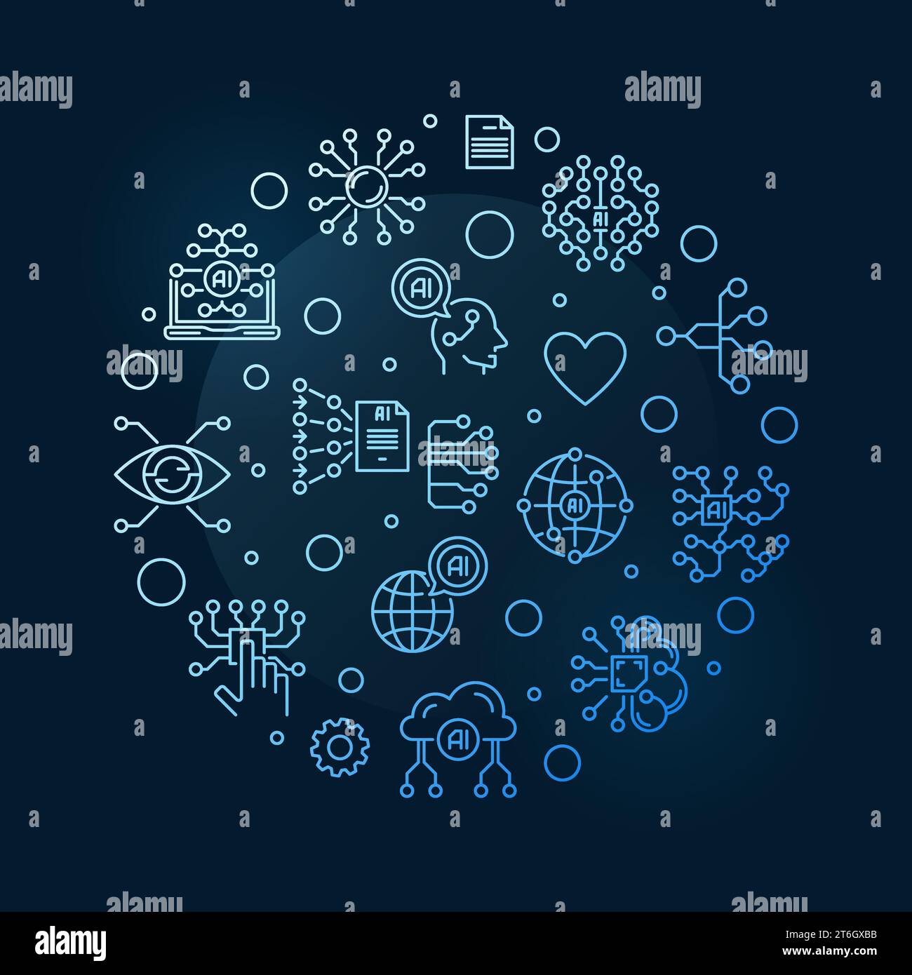 Artificial Neural Networks concept linear round blue banner - vector Information Processing illustration on dark background Stock Vector