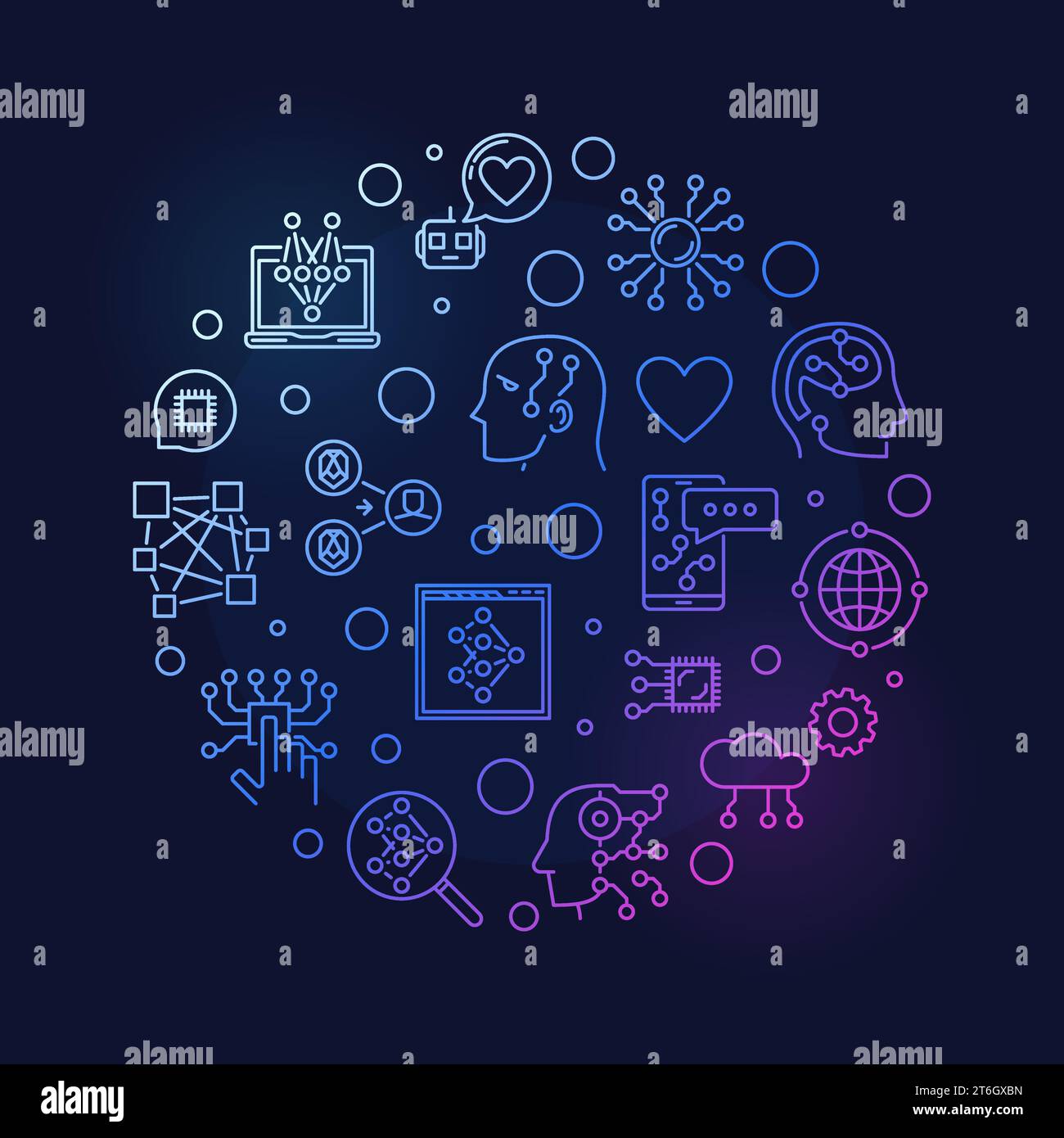 Machine Learning linear round colored banner. ML concept vector cirlce-shaped illustration on dark background Stock Vector