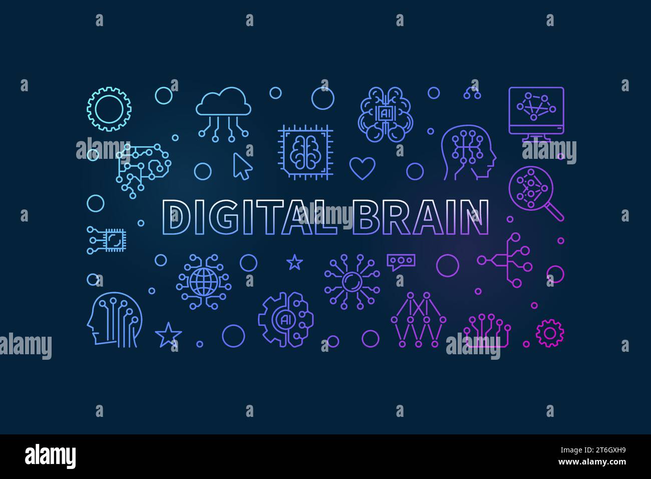 Digital Brain concept horizontal outline colored banner. Vector illustration on dark background Stock Vector