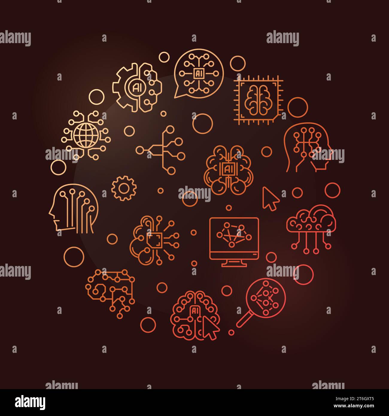 Artificial Intelligence Cyber Mind concept vector thin line round colored banner or illustration on dark background Stock Vector