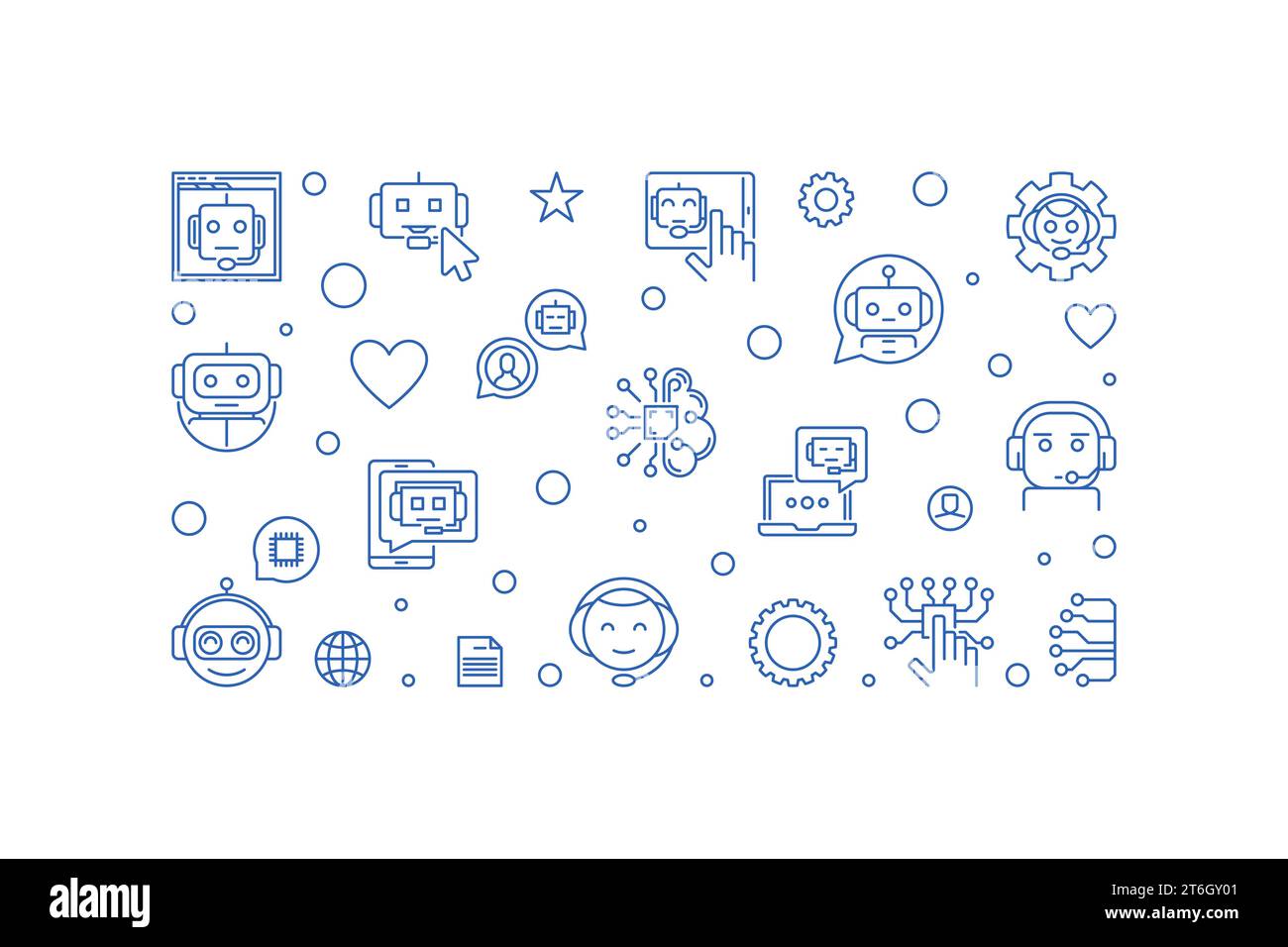 Chatbot Technology concept outline horizontal banner. Vector Chatter Bot illustration Stock Vector