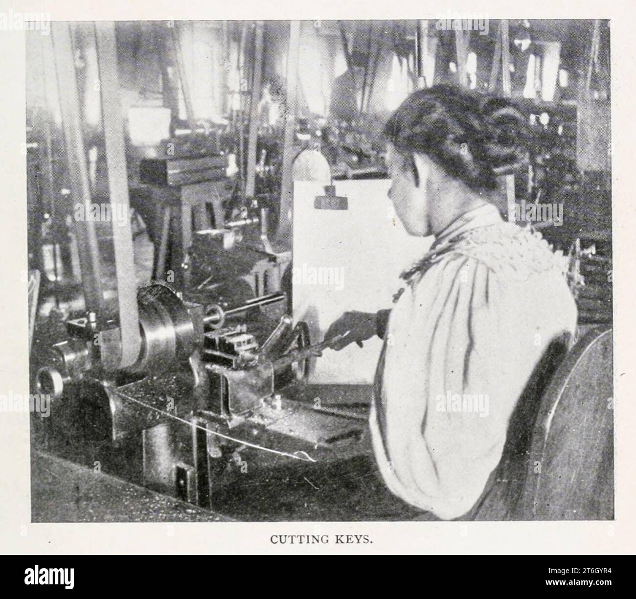 Cutting Keys The Yale & Towne Lock Manufacturing Company Shelbume Falls, Massachusetts from the Article SIX EXAMPLES OF SUCCESSFUL SHOP MANAGEMENT. Part III By Henry Roland. from The Engineering Magazine DEVOTED TO INDUSTRIAL PROGRESS Volume XII October 1896 to March 1897 The Engineering Magazine Co Stock Photo