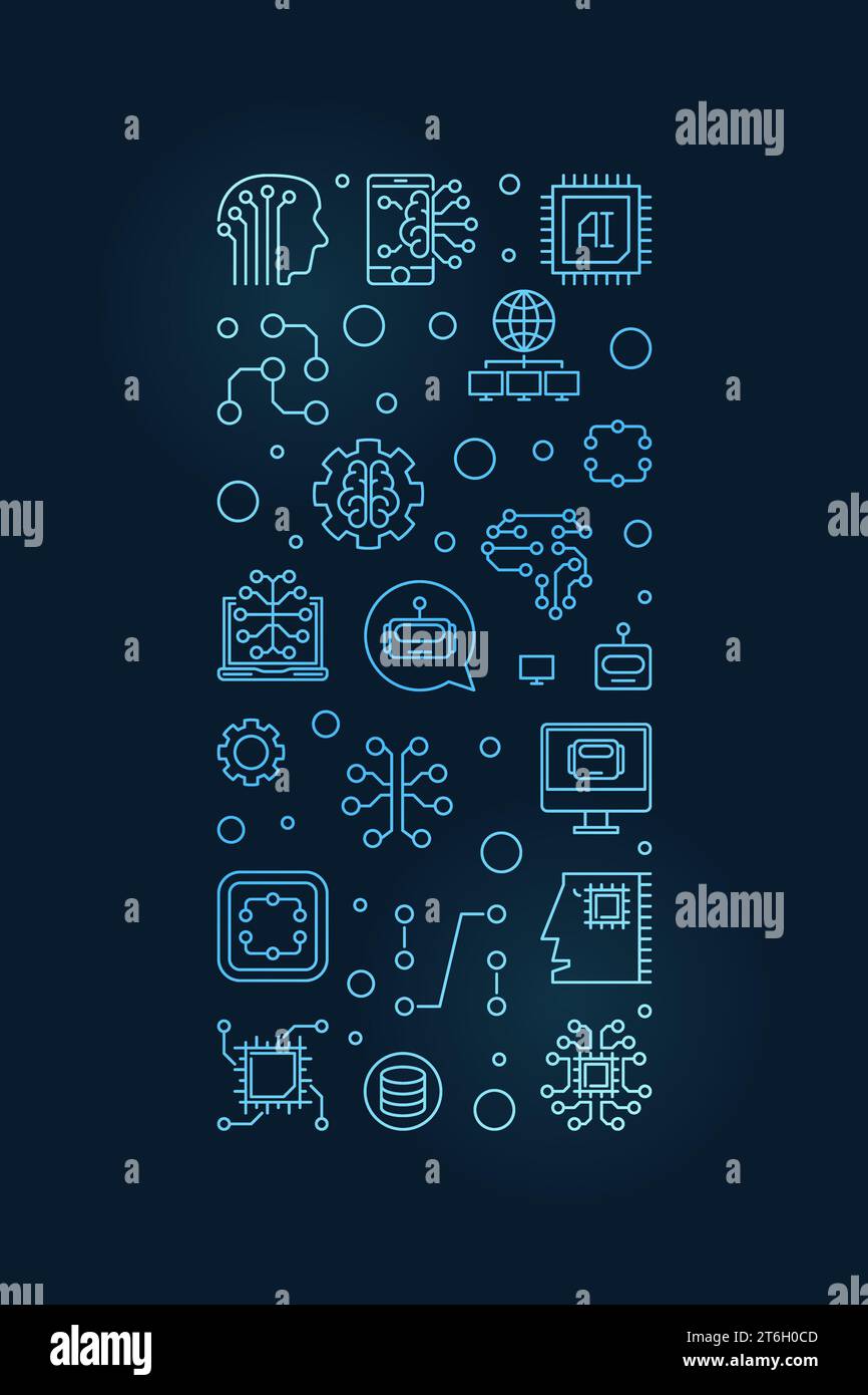 AI (Artificial Intelligence) concept vector thin line blue vertical banner or illustration with dark background Stock Vector