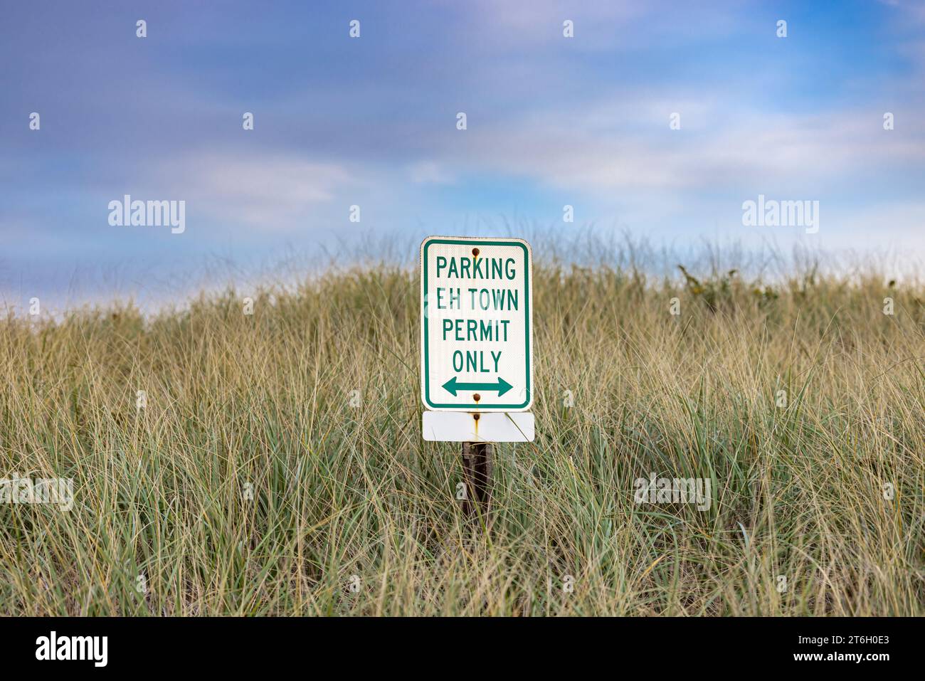 small rectangluar sign in the beach grass stating on permited parking only Stock Photo