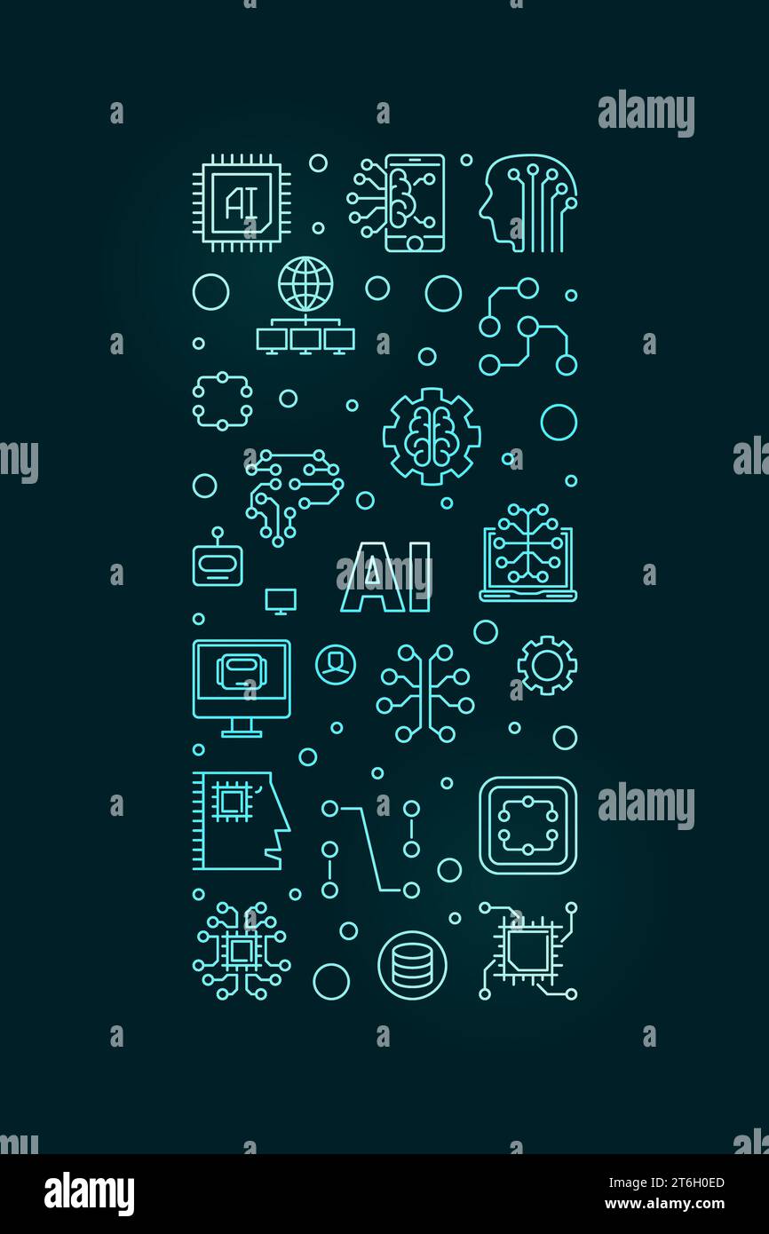 AI concept vector thin line vertical colored banner - Artificial Intelligence creative illustration with dark background Stock Vector