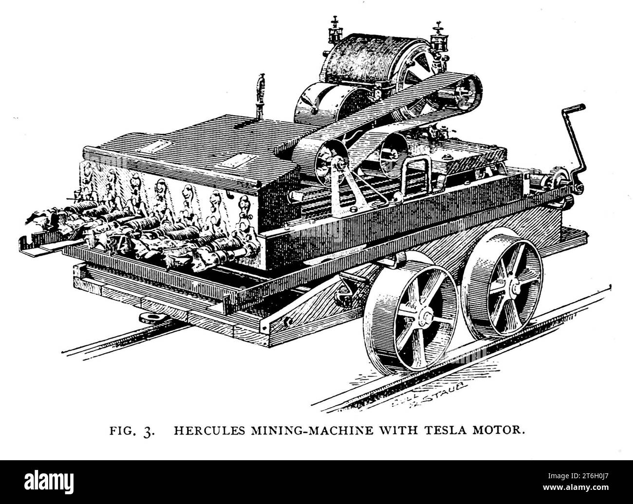 HERCULES MINING-MACHINE WITH TESLA MOTOR from the Article THE WONDERFUL EXPANSION IN THE USE OF ELECTRIC POWER. By Louis Bell  from The Engineering Magazine DEVOTED TO INDUSTRIAL PROGRESS Volume XII October 1896 to March 1897 The Engineering Magazine Co Stock Photo