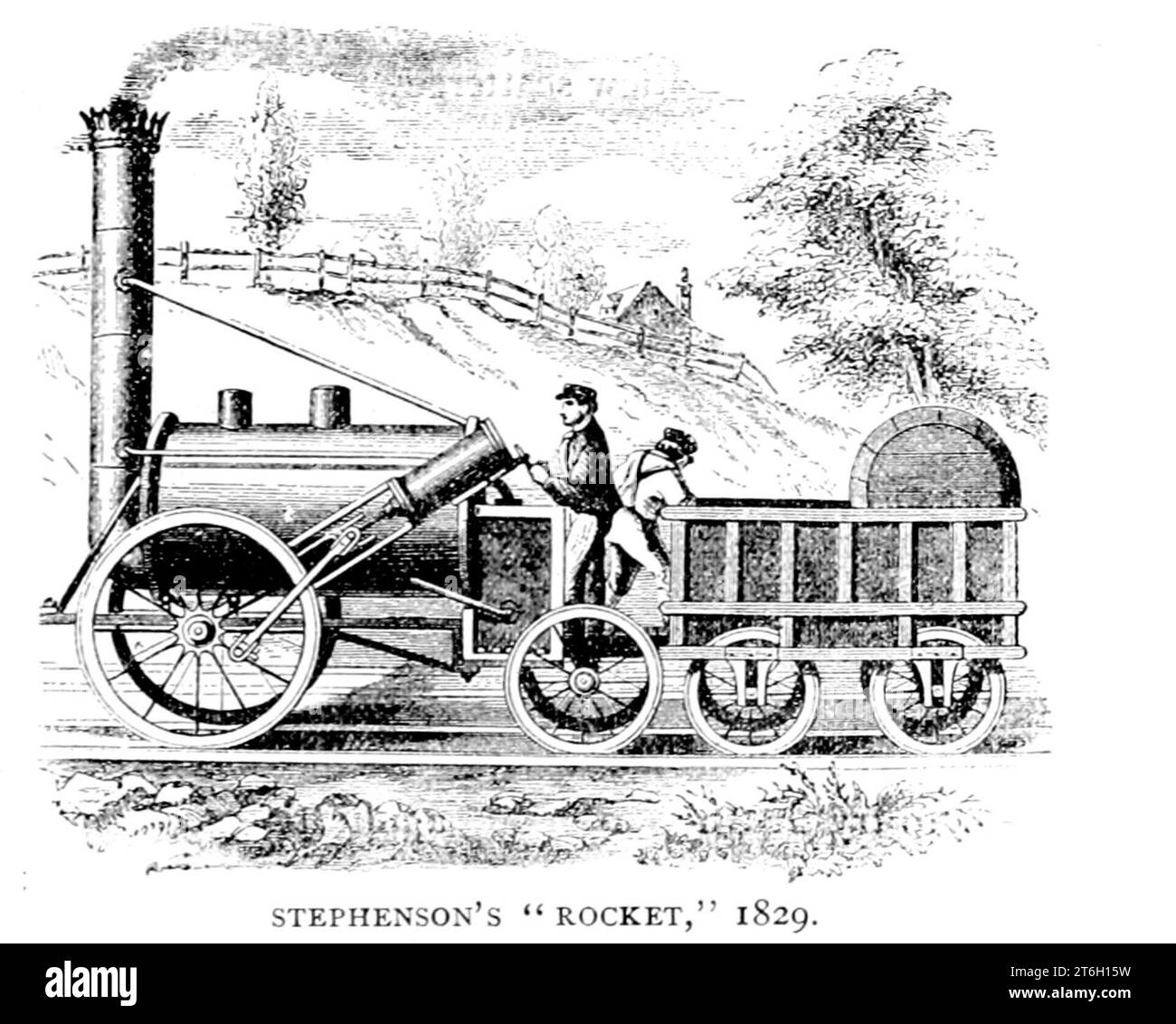 STEPHENSON'S ROCKET, 1829.Rocket was designed and built by Robert Stephenson in 1829, from the Article PIONEER LOCOMOTIVES IN ENGLAND AND AMERICA. By Alfred Mathews. from The Engineering Magazine DEVOTED TO INDUSTRIAL PROGRESS Volume XII October 1896 to March 1897 The Engineering Magazine Co Stock Photo