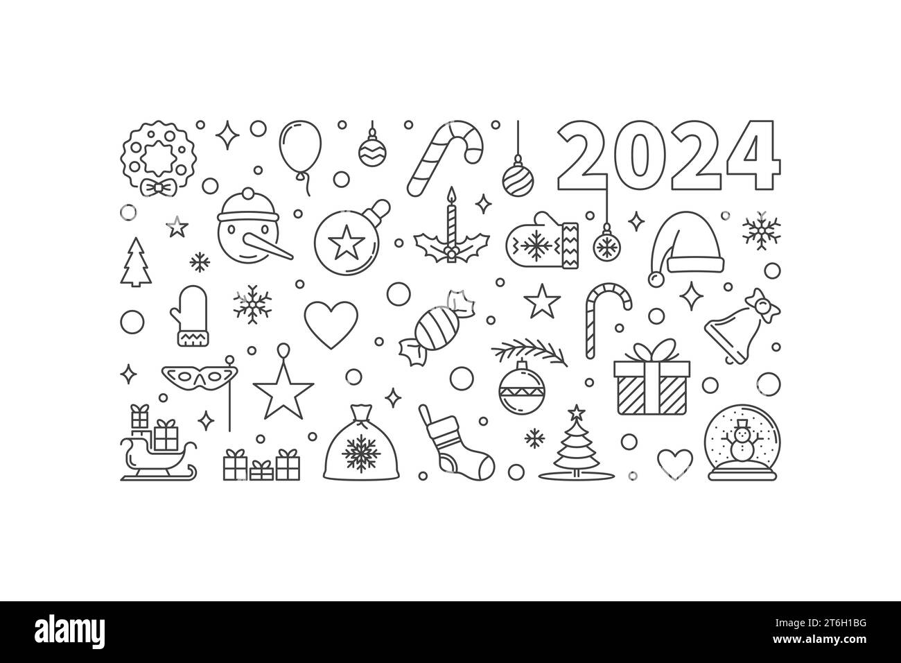 2024 Merry Christmas outline horizontal poster or banner - vector Happy 2024 New Year 