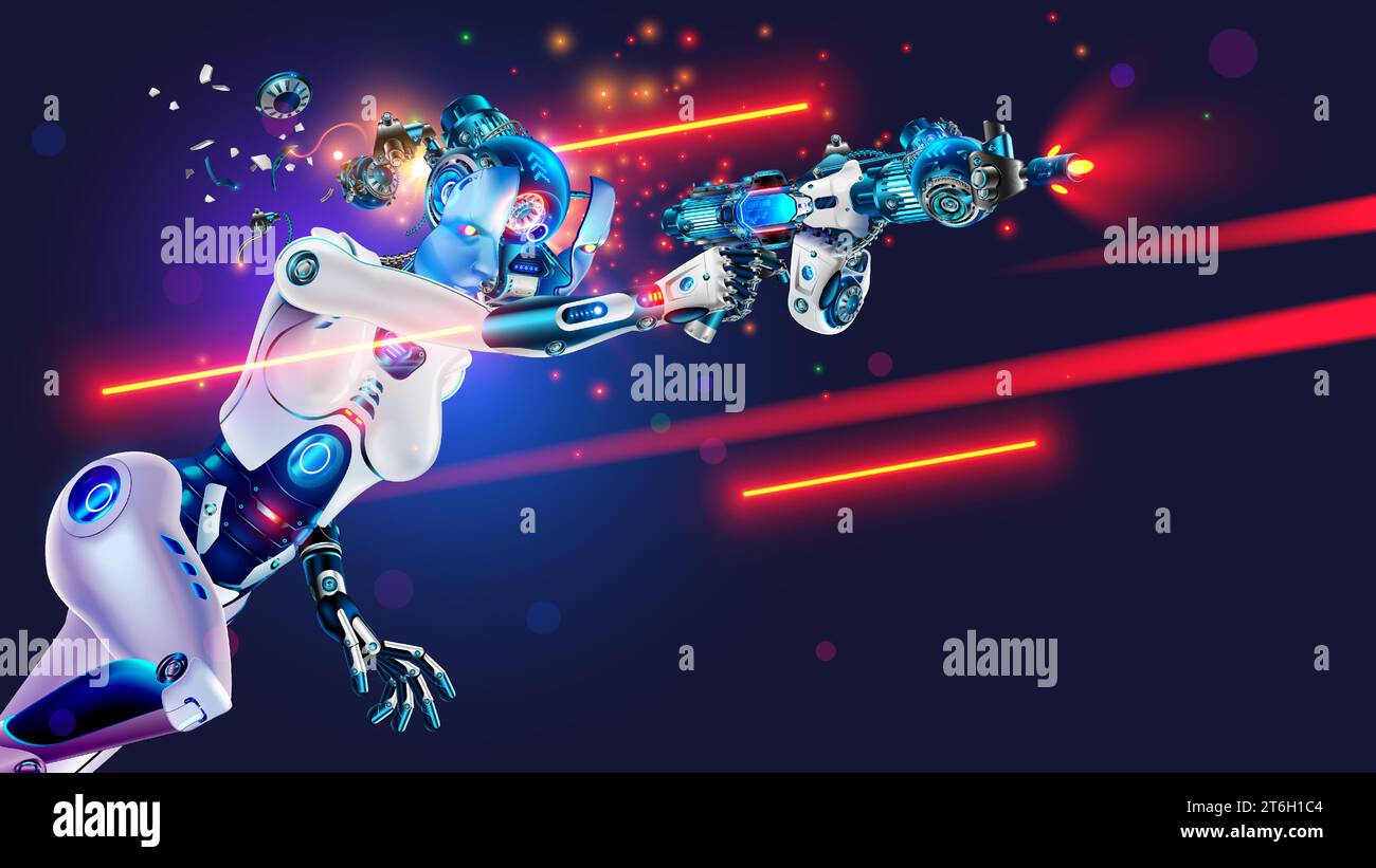 Robot shoots gun. Shooter video game. Robot woman with AI