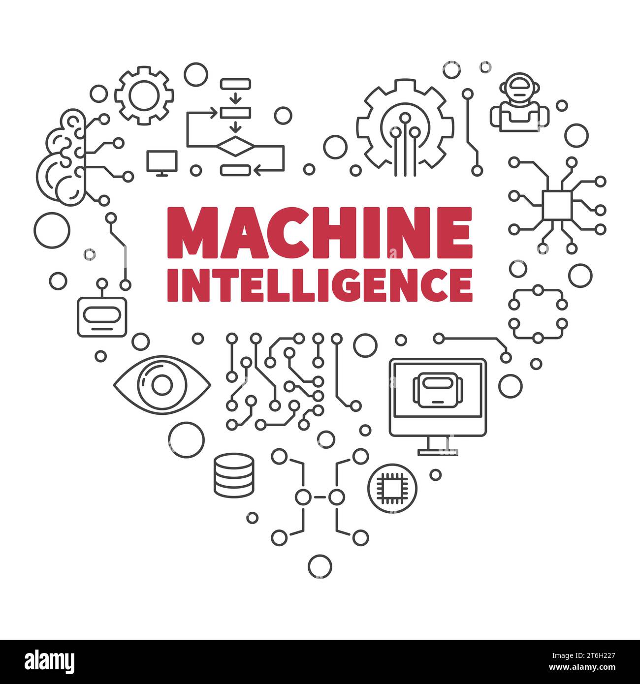 Machine Intelligence Heart outline banner - AI Technology concept linear illustration Stock Vector