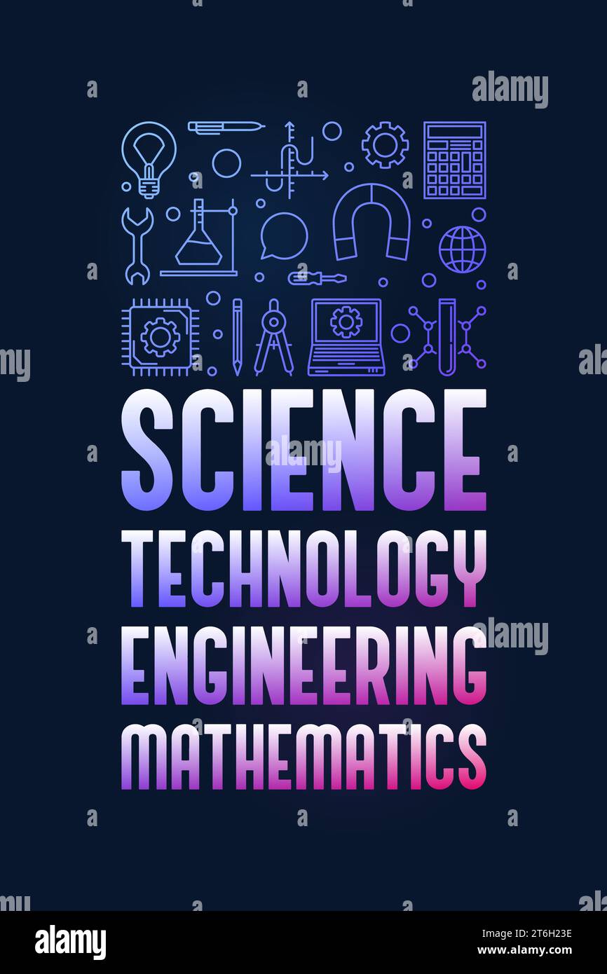 STEM - Science, Technology, Engineering and Math vector concept thin line vertical blue banner or illustration with dark background Stock Vector