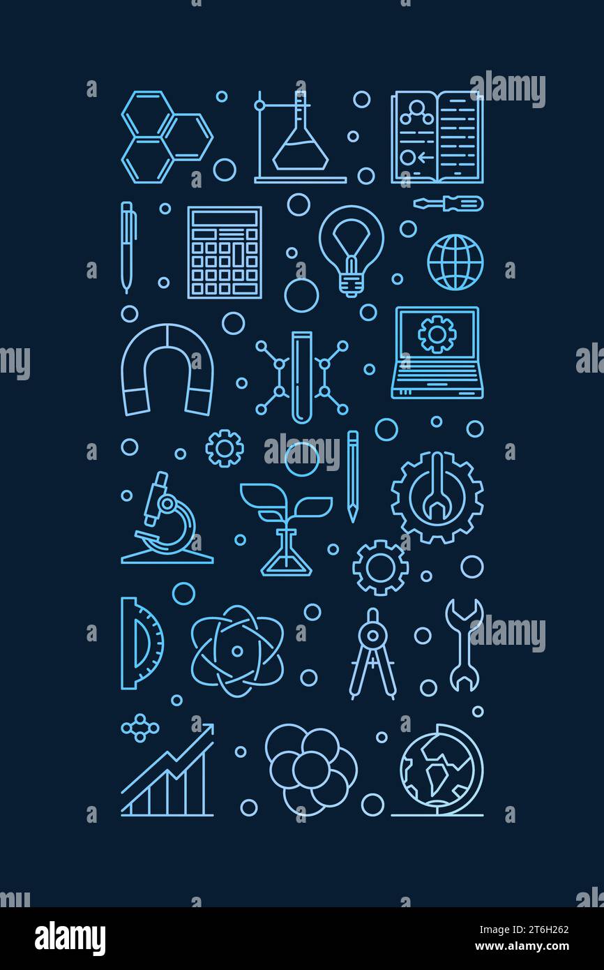 Science, Technology, Engineering and Math colored illustration. STEM vector outline vertical concept banner with dark background Stock Vector