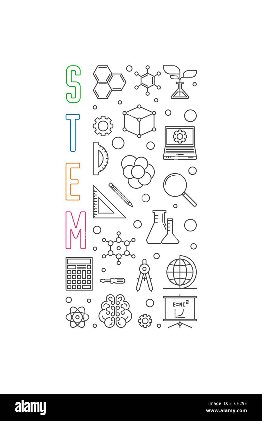 STEM - Science, Technology, Engineering and Math vector simple concept outline vertical banner or illustration Stock Vector