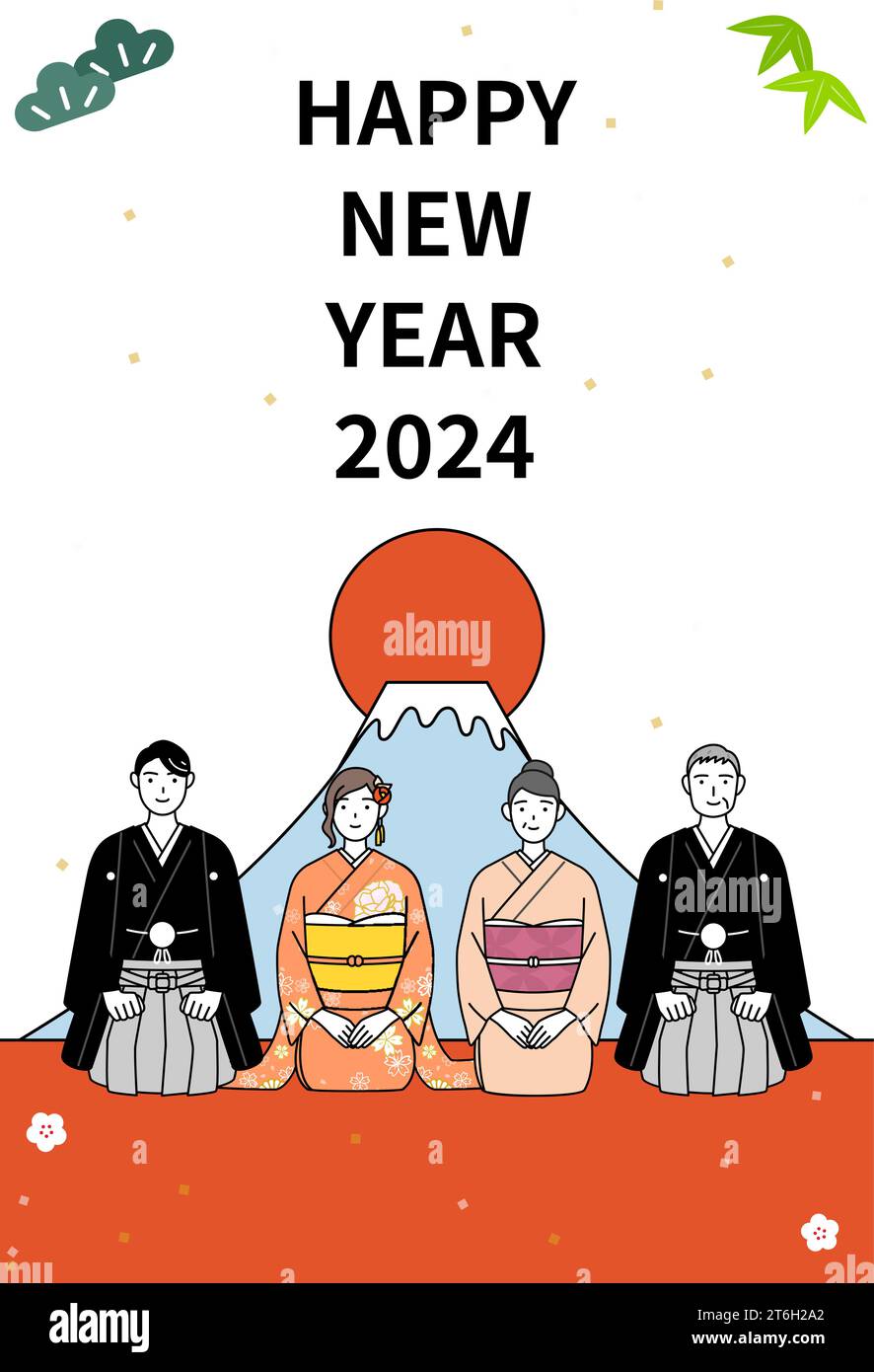 New Year's card for 2024, family in kimonos, Mt. Fuji and the first