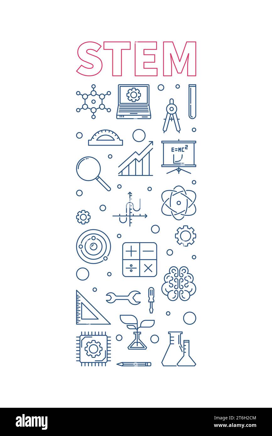 STEM vector outline vertical blue simple banner. Science concept linear illustration Stock Vector