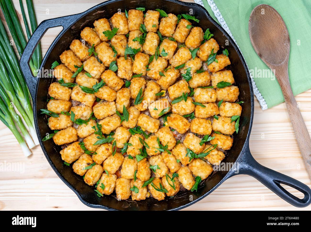 American classic hot dish casserole comfort food with tater tots, beef