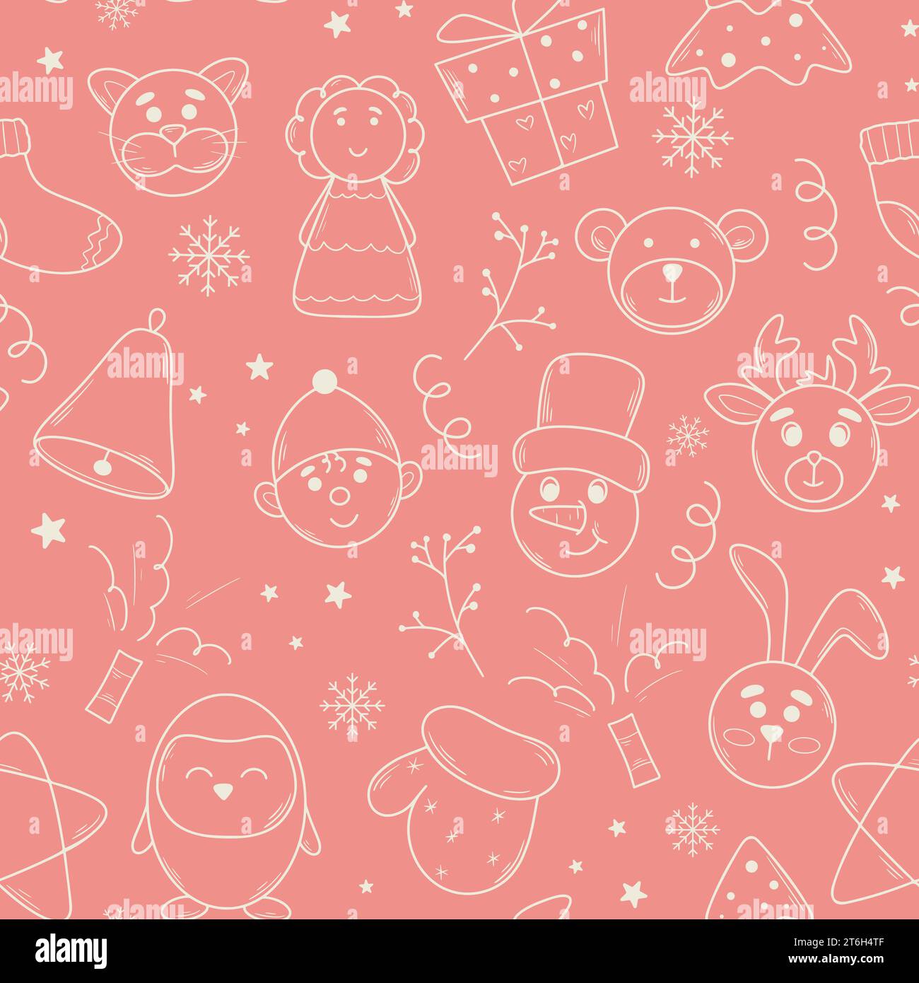 Sweet pink baby seamless pattern. Winter holiday background with Christmas elements. Funny New Year characters, snowflakes, crackers and angels Stock Vector