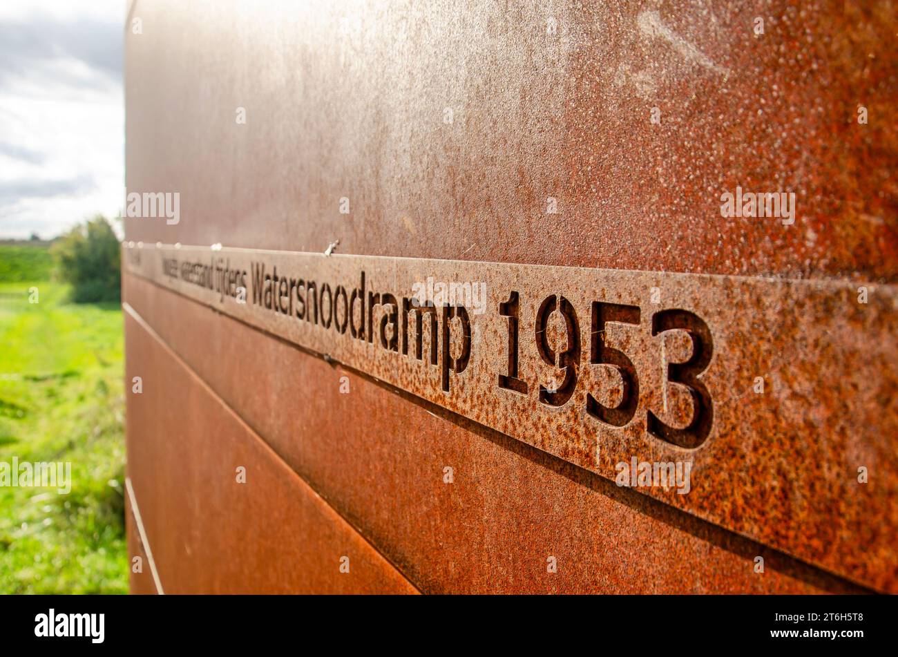 Zuidland, The Netherlands, October 22, 2023: Indication on a corten steel observation tower of the water level during the disastrous flood of 1953 Stock Photo