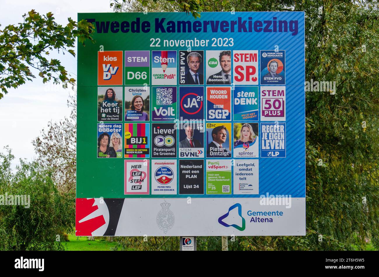 Woudrichem, The Netherlands, November 8, 2023: billboard with posters of all political parties taking part in the parlementary election of November 22 Stock Photo