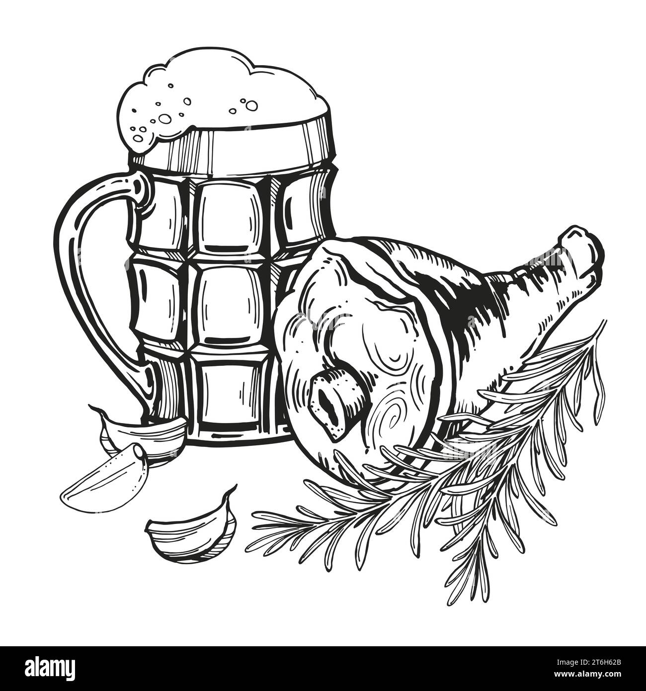 sketch of glass of beer, grilled pork shank, rosemary and garlic, hand