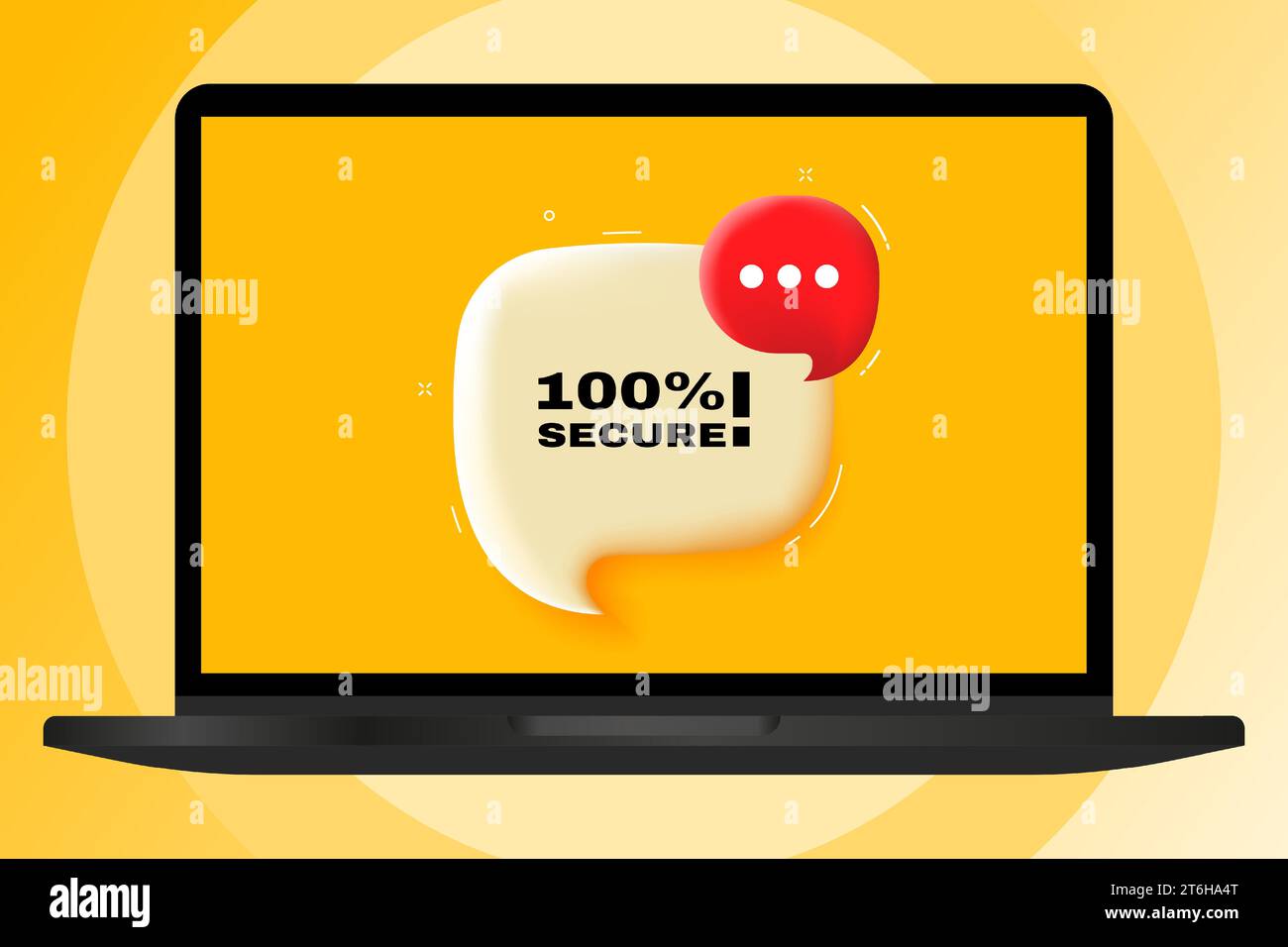 100 percent secure. Speech bubble with text. 3d illustration. Text banner in the modern laptop. Advertising on the computer Stock Vector