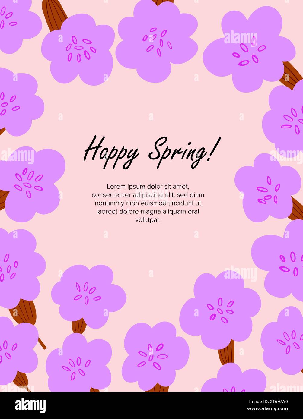 Spring postcard design with simple doodle flowers frame on pink ...