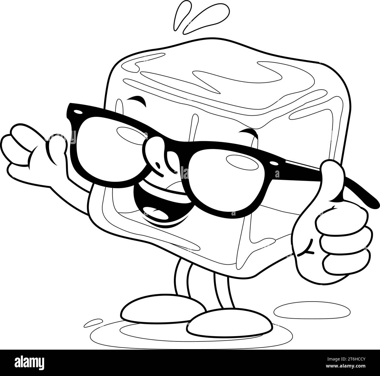 Cartoon ice cube character with sunglasses. Vector black and white coloring page. Stock Vector