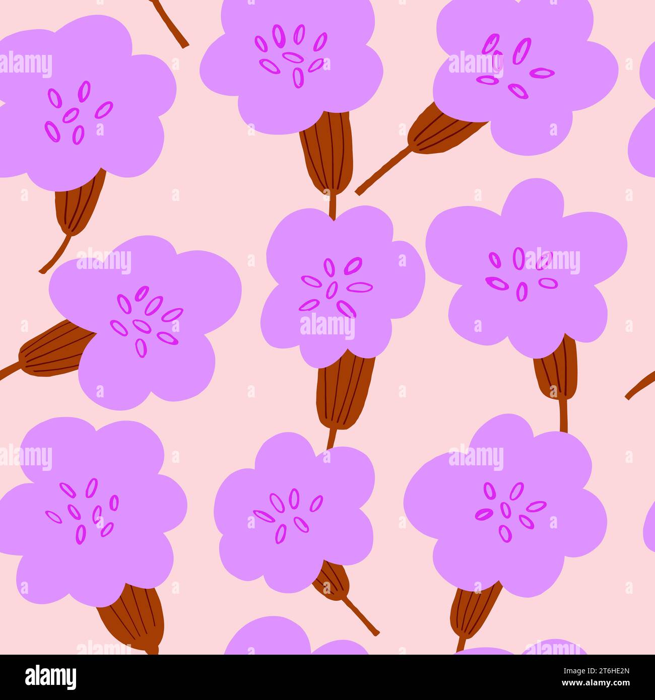 Vector seamless pattern with simple violet flowers on beige background ...