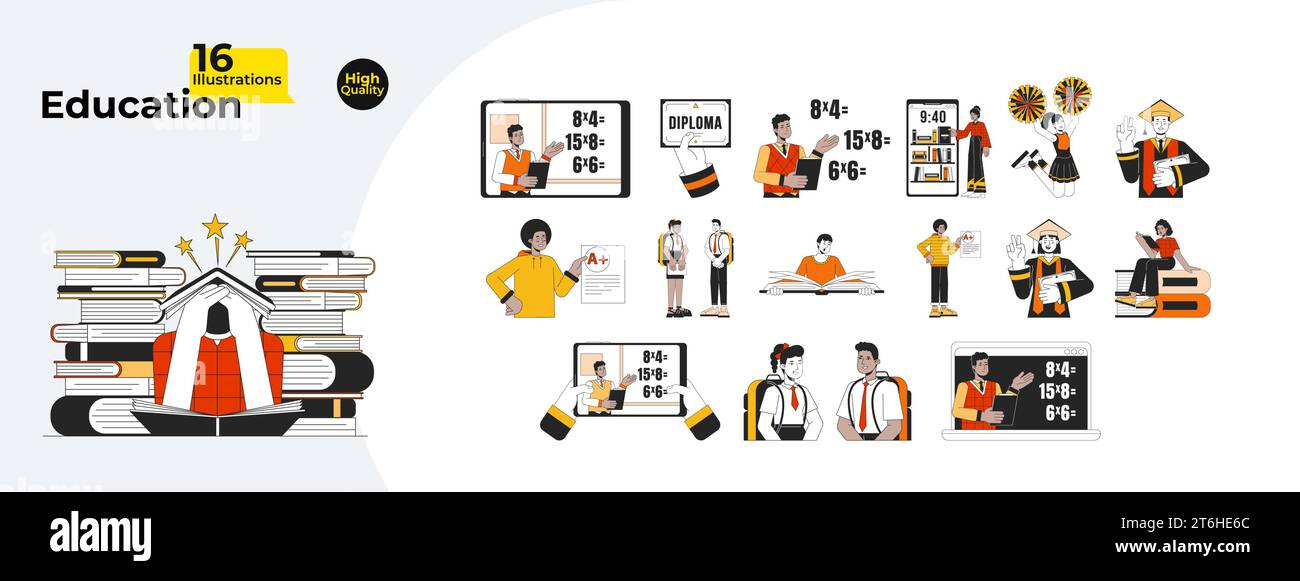 Education studying line cartoon flat illustration bundle Stock Vector