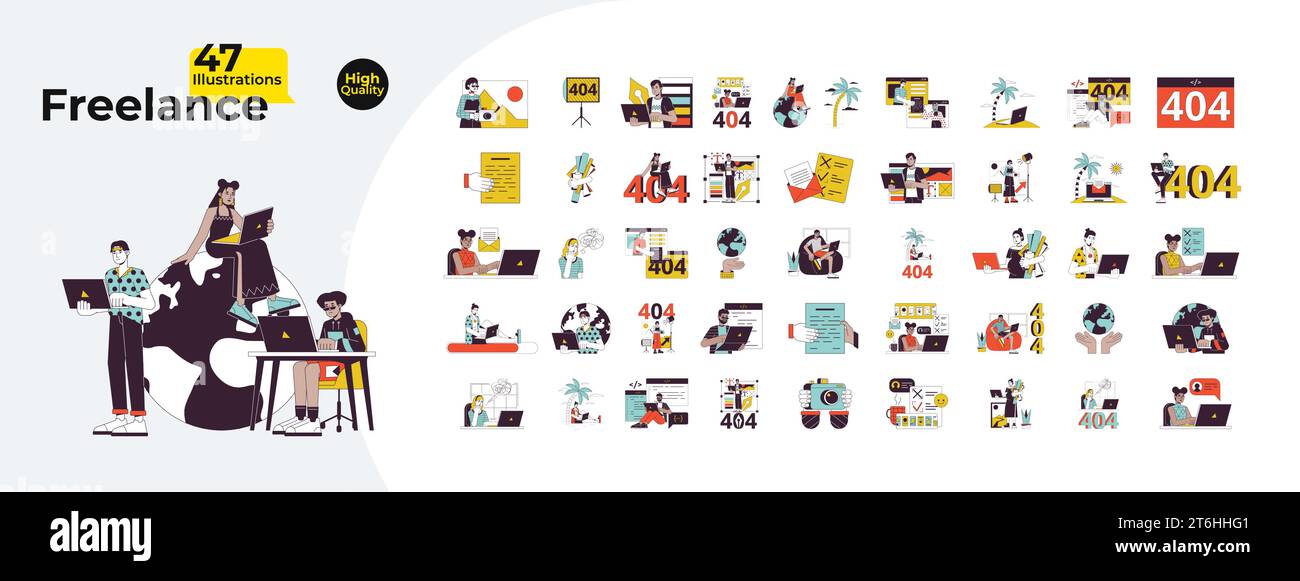 Freelance jobs work from home 2D linear illustration concepts bundle Stock Vector